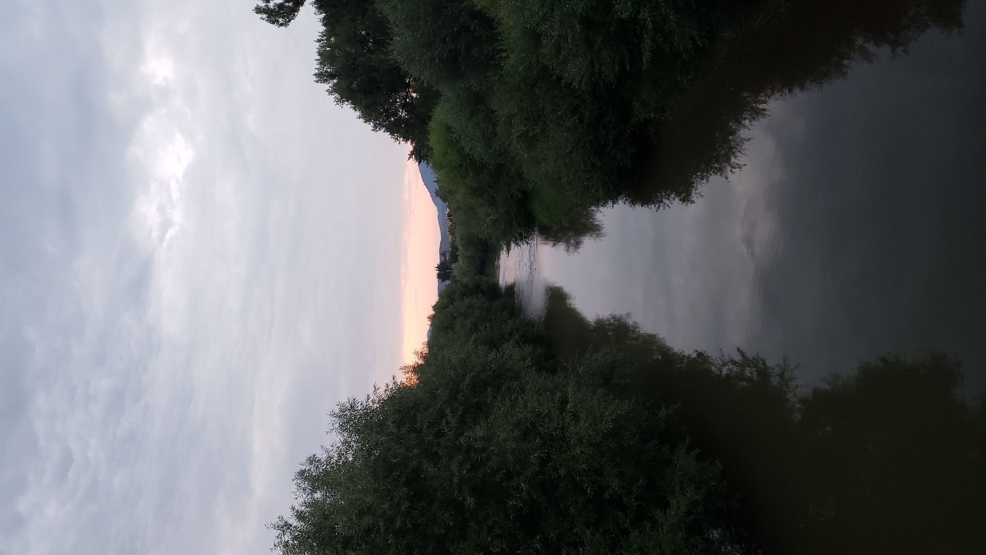 The image shows a river flowing through a densely vegetated area. The water is dark and reflects the sky and surrounding trees. On either side of the river, lush green trees and bushes line the banks. In the distance, a hazy silhouette of hills or mountains can be seen against a pale pink and gray sky, indicating it might be dusk or dawn. The overall impression is one of a natural, somewhat secluded landscape. There are no people or man-made structures clearly visible. The scene is captured from a slightly elevated perspective, possibly from a bridge.
