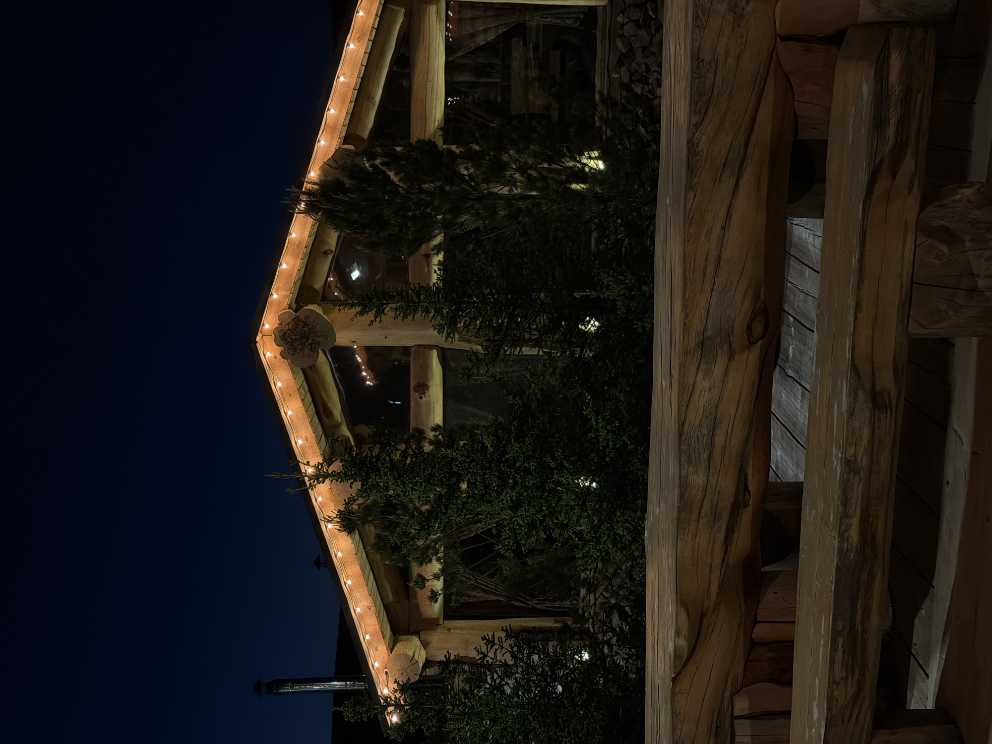 The image displays a rustic, log-built structure, resembling a lodge or cabin, captured at night in Drokino, Russia. The building's prominent roofline, constructed from large, rough-hewn logs, is illuminated by a string of warm, amber-toned fairy lights that create a festive and welcoming glow. The logs show natural grain and texture, emphasizing the structure's sturdy and traditional design.
Dark, evergreen foliage, likely coniferous trees or bushes, partially obscures the lower and mid-sections of the building, blending it with its natural surroundings. Through the windows, a soft interior light is faintly visible, suggesting warmth and activity within. Below the string lights, decorative carved wooden elements are integrated into the building's facade. A metallic chimney or vent can be seen extending from the roof on the left side.
To the right, a substantial wooden structure, composed of thick vertical and horizontal logs, is visible, possibly forming part of a porch railing or support beams. The sky above is a deep, dark blue, indicating a clear night. The overall scene evokes a serene and cozy ambiance. There are no people present, no specific activity is taking place, and no text is visible in the image.