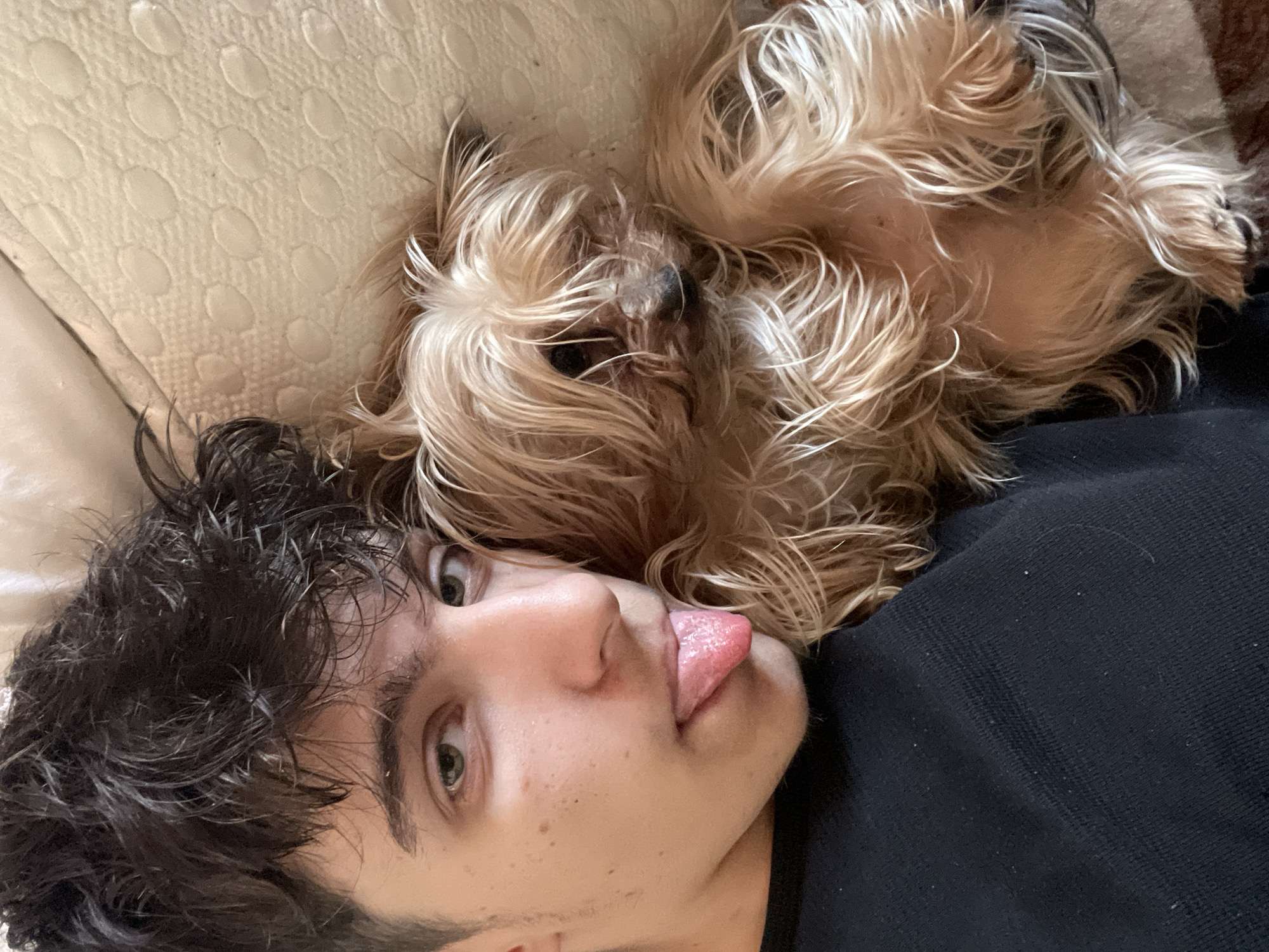 A young man with dark, wet hair is lying on a textured, light-colored surface, possibly a couch or bed. He is wearing a black top. His face is turned towards the camera, and his tongue is sticking out. A small, long-haired, tan-colored dog is lying on top of him. The location of the photograph is not identifiable as being in Burgas, Bulgaria.