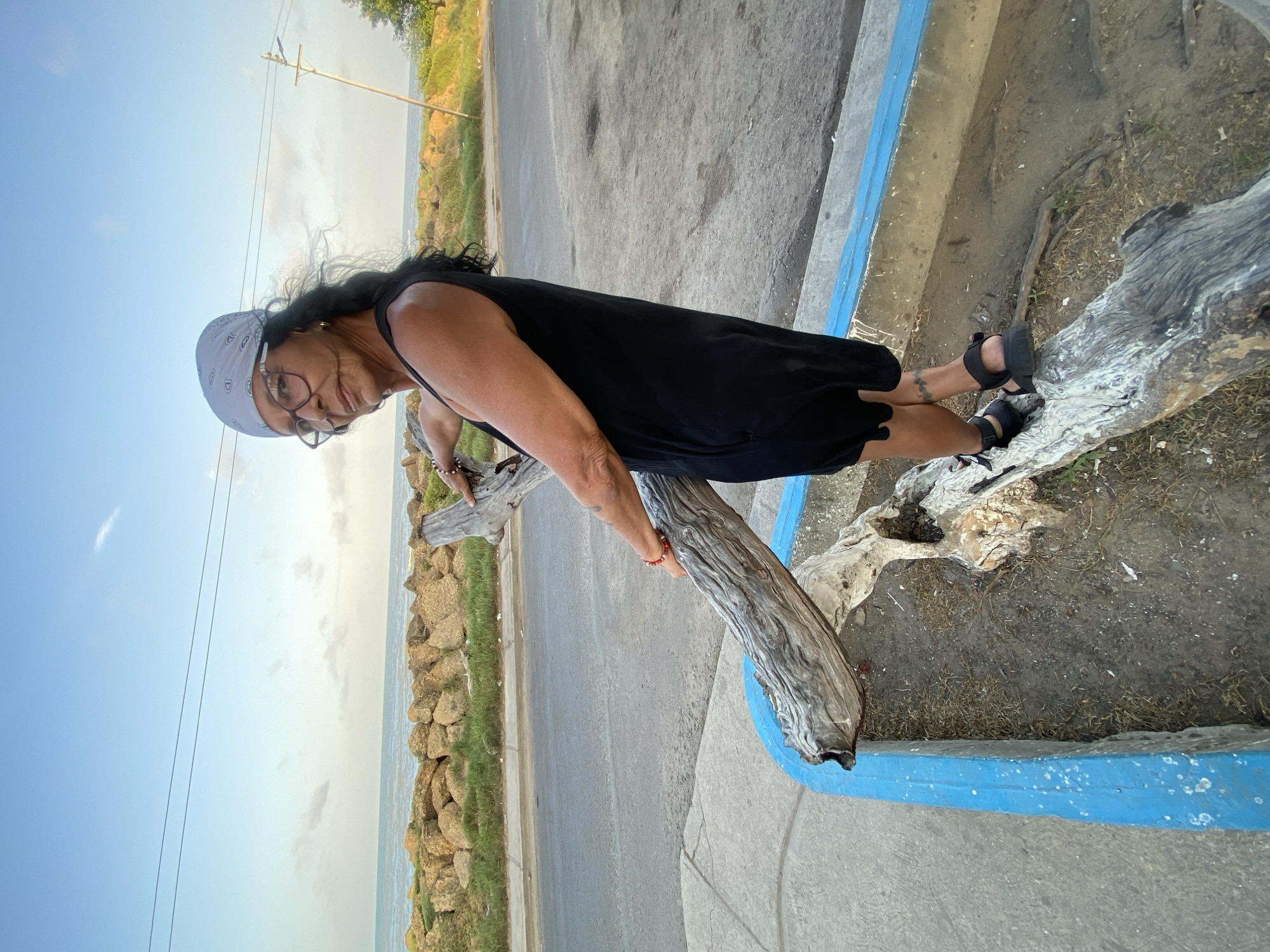 A woman stands on a weathered piece of driftwood in Higuerote, Venezuela. She wears a black dress, sandals, a bandana, and glasses, and is smiling. The driftwood is in a concrete planter box painted blue. Behind her is a street, a rock barrier, the ocean, and the sky. A power line is visible in the sky.