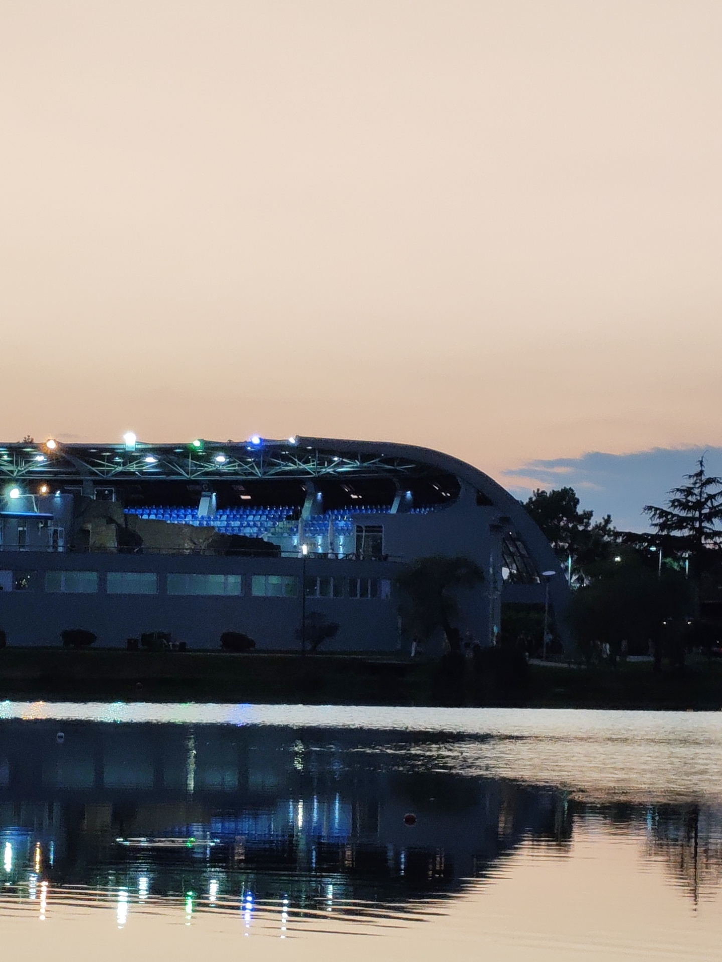 The image captures a twilight view of a modern stadium with a distinctive curved roof, illuminated by colored lights. The stadium is situated near a body of water, which reflects the lights and the structure itself. The sky exhibits a gradient of soft orange and pale blue hues, suggesting the time of day is dusk. Several trees, including a prominent pine tree, are visible on the right side of the frame. The foreground features the calm surface of the water, disturbed slightly by ripples. This scene is characteristic of the Batumi Stadium, located in the city of Batumi, Georgia, a venue often used for sporting events and concerts. No people are clearly discernible in the image.