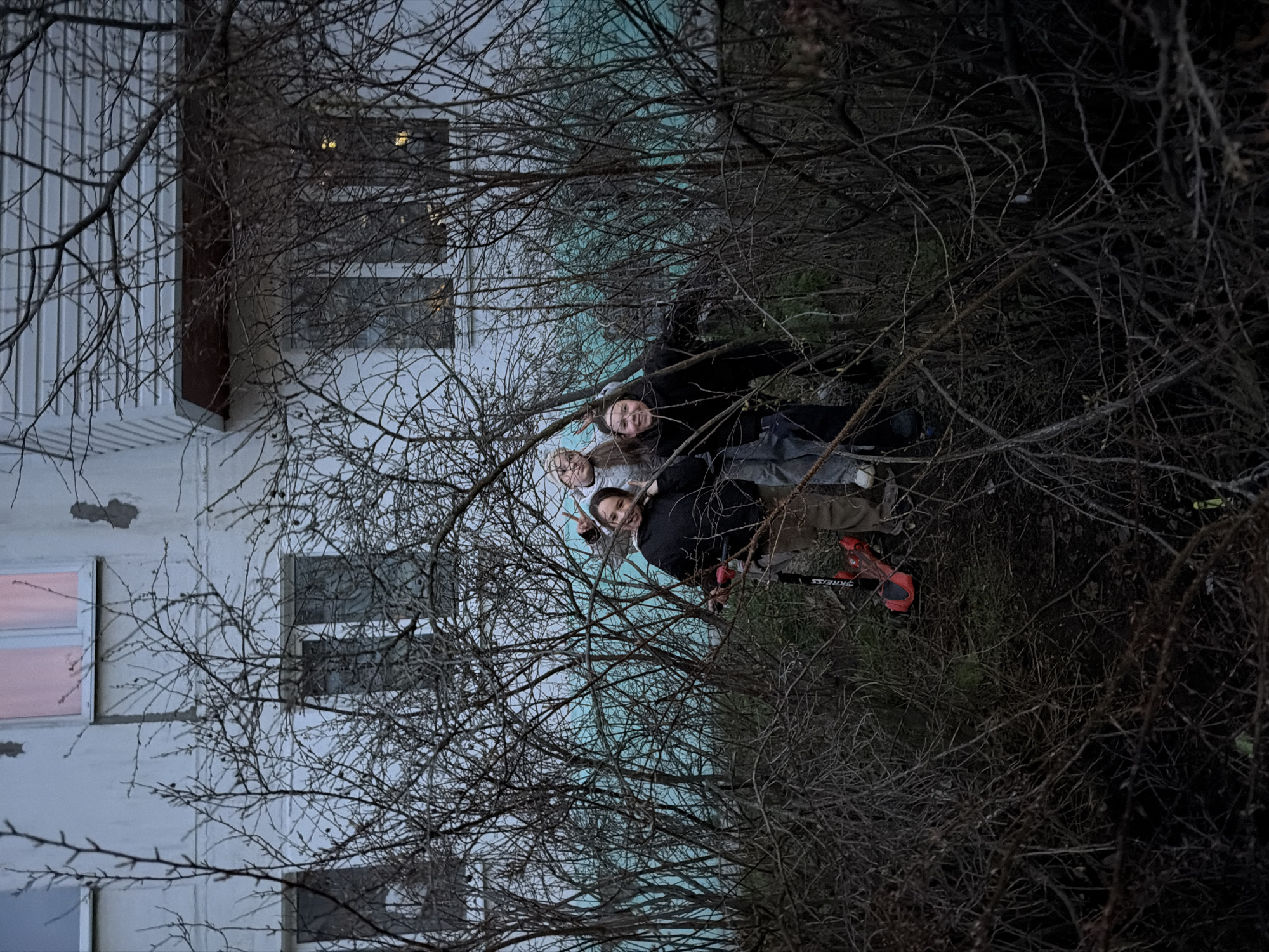An outdoor photograph captures three individuals partially obscured by a dense thicket of bare, dark branches, likely taken during dusk or early evening in Chaikovsky, Russia. The image is oriented with a light-colored, multi-story building featuring several windows on the left side, and a dull, teal-blue sky visible through the branches at the top.
In the mid-right, two women and one man are visible among the branches, looking towards the camera. One woman in the center has a playful expression, possibly sticking out her tongue, and makes a peace sign with her left hand. The other visible faces show faint smiles. They appear to be posing for a casual group photo.
At the bottom right, a red and black kick scooter or similar outdoor equipment is partially visible on the ground, which is covered with dry grass and twigs. The word "SKIES" is partially discernible on the red part of the equipment.
The bare branches suggest the season is late autumn, winter, or early spring. The dim, cool light and the glow from some building windows indicate the time of day is twilight or early night. The overall scene suggests a relaxed gathering in a somewhat wild or unkempt green space adjacent to an urban structure.