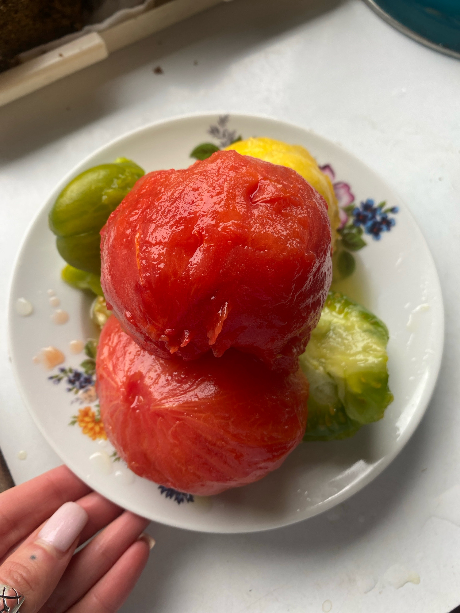 A plate of peeled tomatoes sits on a white, speckled surface. The plate has a floral design along its rim. Two large red tomatoes are stacked on top of each other, with a yellow tomato and pieces of green tomato visible around them. A person's hand with light pink nail polish and a silver ring is reaching towards the plate from the lower left corner. The background is blurred and out of focus, showing a glimpse of a countertop and some kitchen items. The scene appears to be indoors, likely in a kitchen.