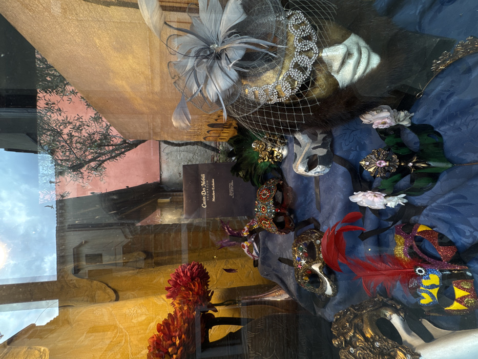 The image displays a storefront window, identified by the signage "Casin Dei Nobili Showroom" and "Maschere Esclusive" as a mask shop in Venice, Italy. The window reflects the exterior environment, which includes a clear blue sky with some clouds at the top, a yellow building facade on the left, a reddish-pink building facade in the center-right background, and a green-leafed tree growing against the pink wall.
Inside the display, an array of ornate Venetian-style masks and headwear is arranged on a draped, textured royal blue fabric. A mannequin head on the right is fitted with a brown fur-like wig, a gold and white painted mask, and an elaborate silver-beaded headpiece featuring a fine mesh veil and a grey feathered fascinator. Other masks include a gold-colored, intricately detailed full mask on the far left; a black half-mask with yellow, red, and blue glitter accents and a prominent red feather plume in the lower-left foreground; and a dark green feathered mask with pink and gold embellishments. Numerous additional eye masks and half-masks, adorned with jewels, glitter, and feathers in various colors such as red, gold, green, purple, white, and grey, are positioned throughout the display. A vase containing red and orange floral arrangements is visible on the left side of the window. No individuals or active interactions are depicted within the scene.