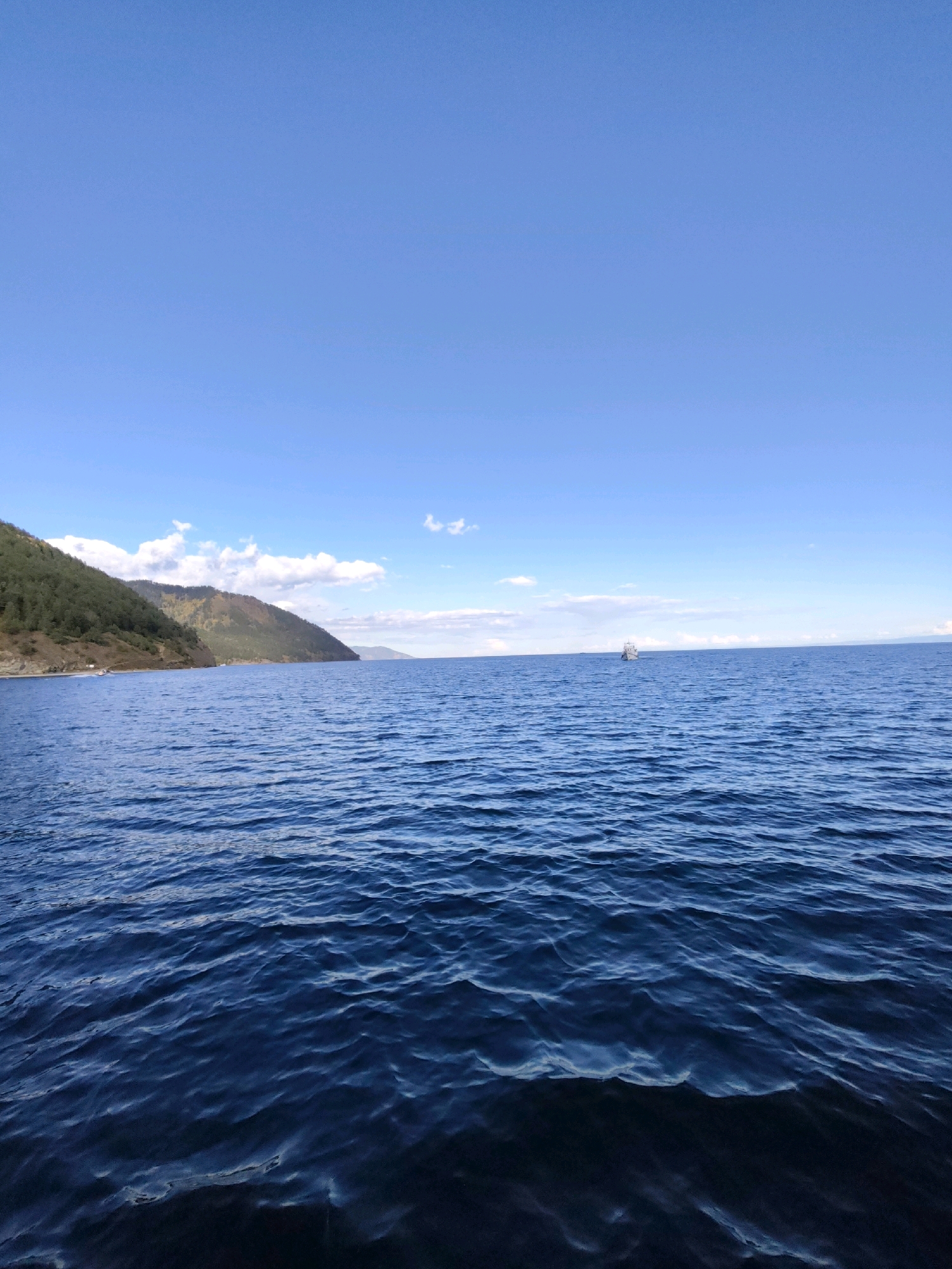 A bright, clear day is depicted with a vast expanse of deep blue water in the foreground, rippling gently. In the middle ground, a white boat is visible in the distance on the water. The background features a rolling, tree-covered hillside that slopes down towards the water. The sky above is a uniform, cloudless blue. The scene appears to be a natural landscape, possibly a lake or large body of water, with vegetation along the shore. The location is identified as the city of Listvyanka, Russia, implying this is a view of Lake Baikal.