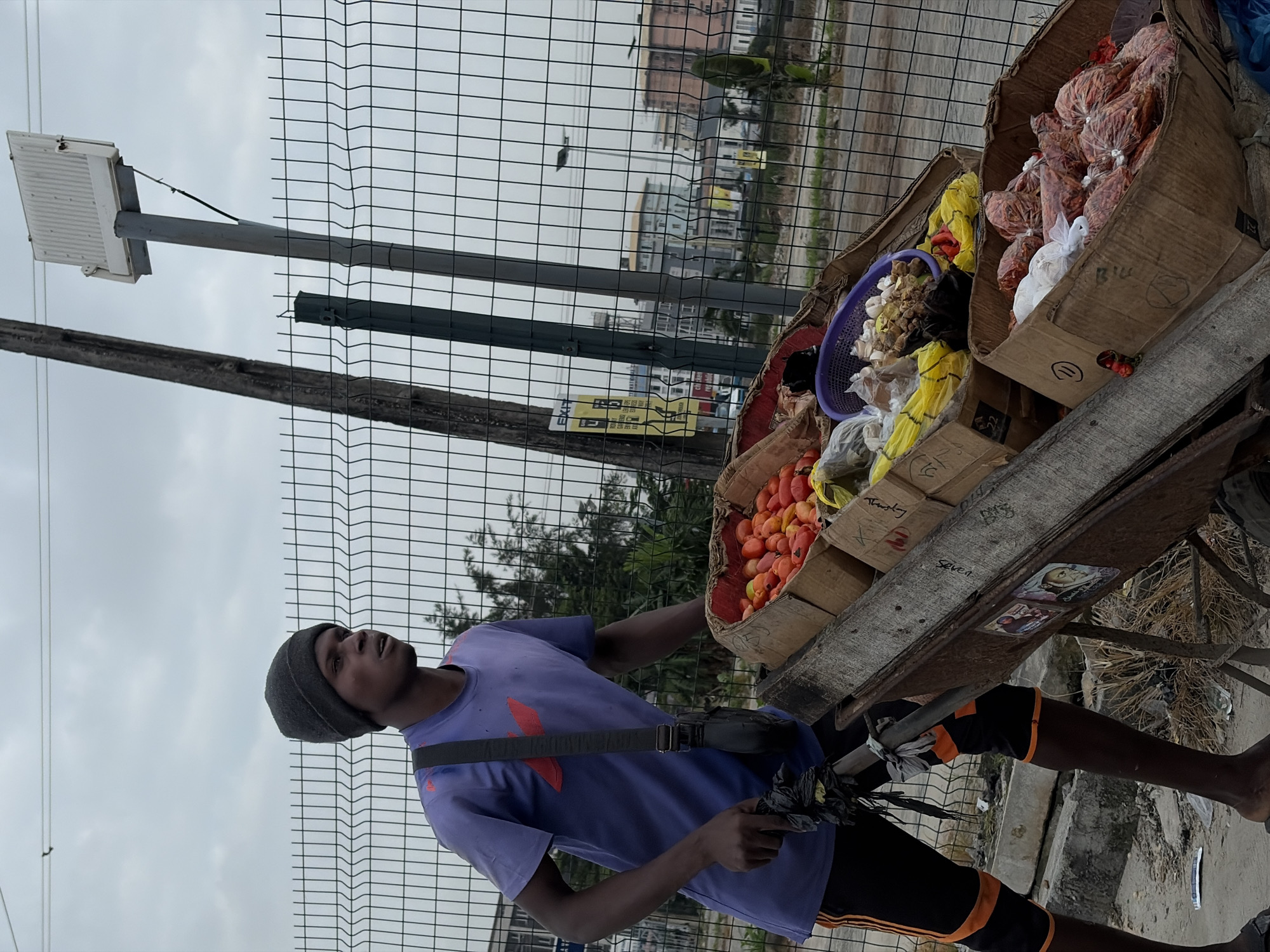 In Igboefon, Nigeria, a young Black male wearing a purple t-shirt, black beanie, and black shorts with orange stripes is pushing a rustic wooden wheelbarrow filled with produce. The wheelbarrow contains several cardboard boxes with an assortment of food items, including tomatoes, what appear to be chilies, onions, and other vegetables. The man is walking alongside a chain-link fence, and in the background, buildings and streetlights are visible under a cloudy sky. The scene suggests a street vendor in an urban environment.