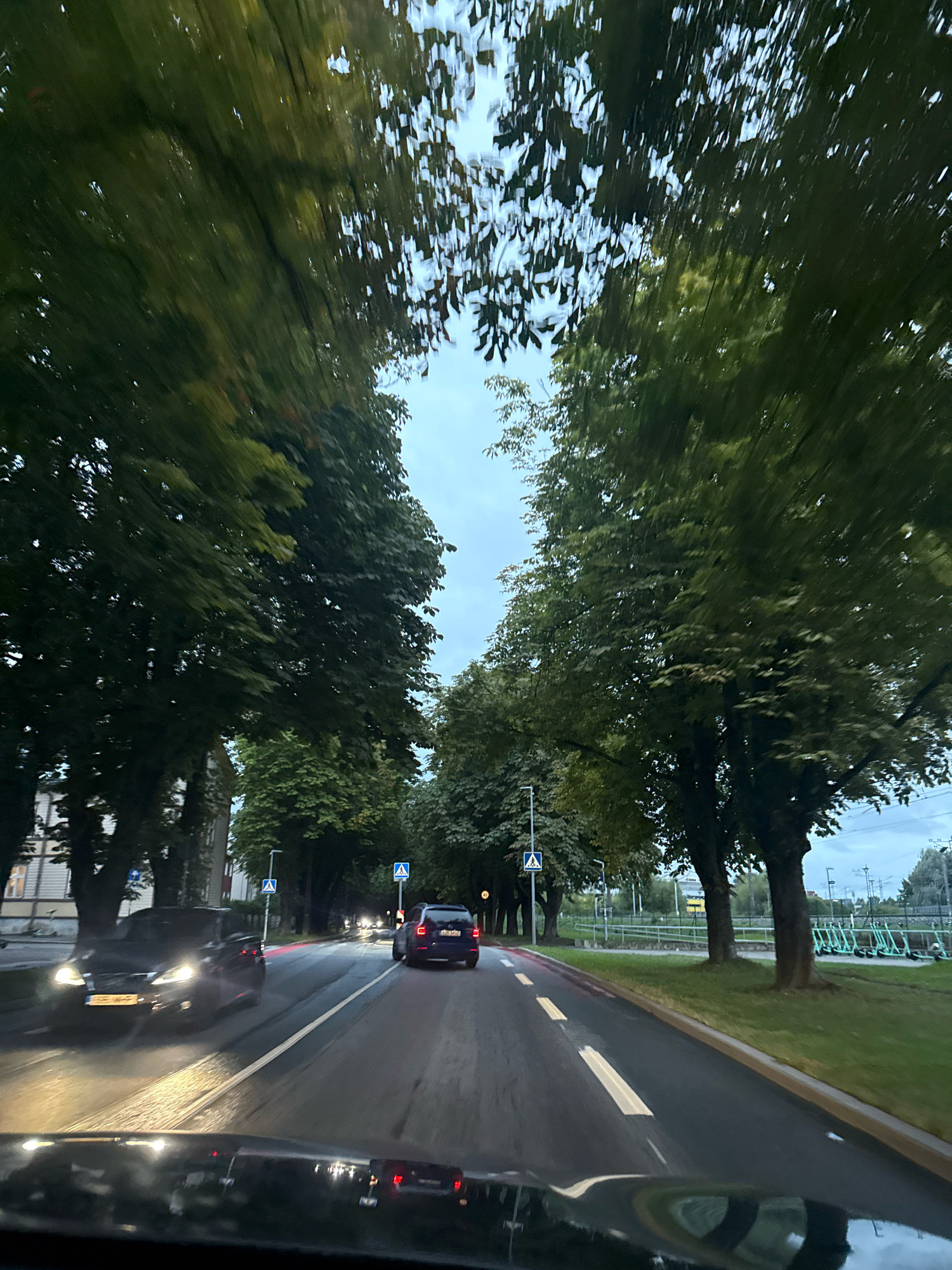 The image was captured from inside a vehicle driving on a wet road lined with mature trees, possibly during twilight or overcast conditions. The road appears to be in Tallinn, Estonia, given the architecture visible on the left and the presence of a blue pedestrian crossing sign with a white silhouette of a person.
On the road, a dark-colored sedan with its headlights on is in the left lane, its license plate partially obscured. A dark blue SUV is ahead in the right lane, also with its taillights illuminated. The trees create a canopy over the road, with their branches extending towards the sky.
To the right of the road, a grassy area is visible, with a row of light green electric scooters parked neatly. Further in the distance, railway tracks and structures can be seen. The overall impression is a suburban or urban environment with ample greenery. The image is slightly blurred due to motion, suggesting it was taken while the vehicle was in transit.