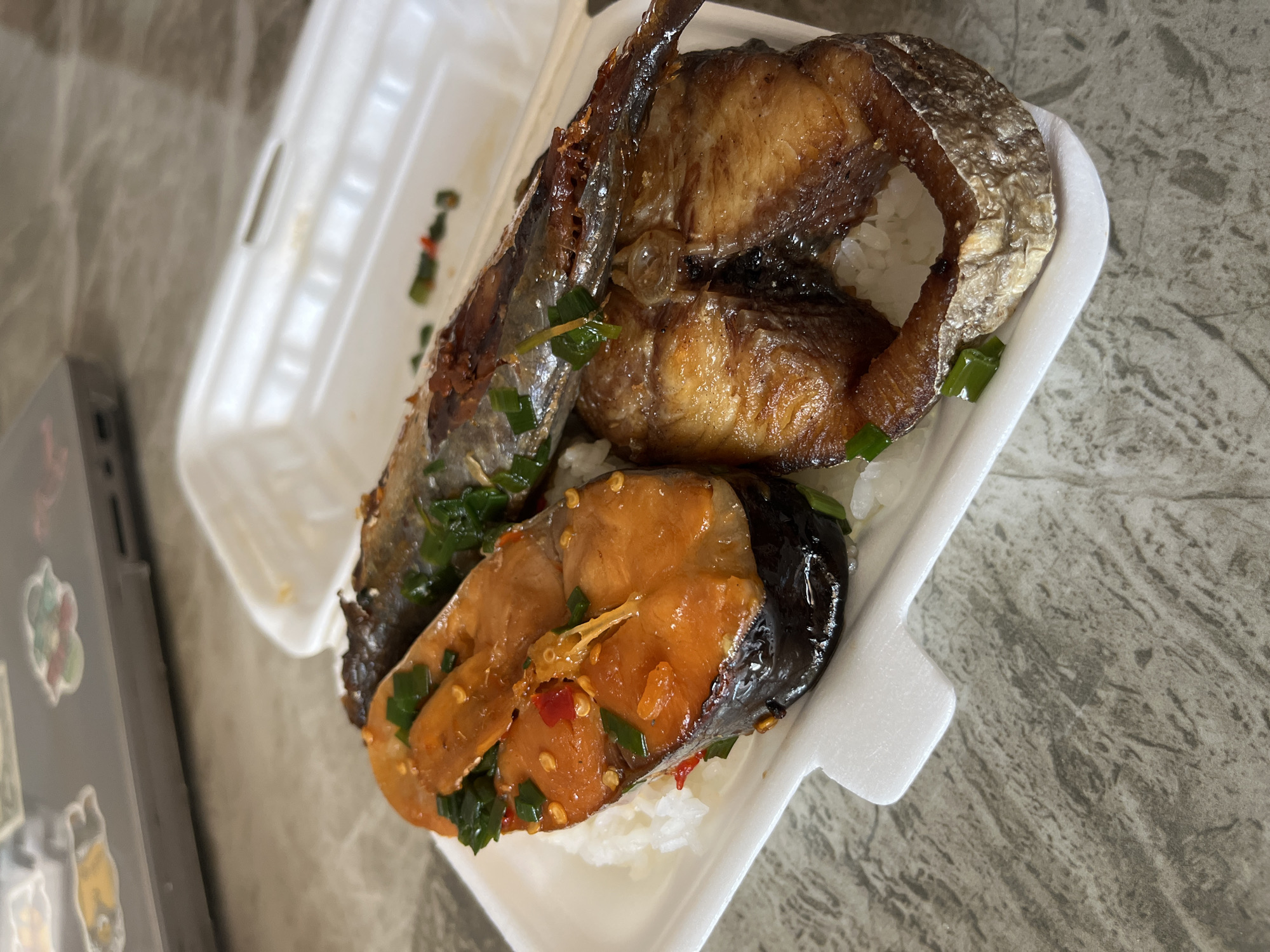 The image shows a white styrofoam container filled with cooked fish and white rice. The fish appears to be cut into sections and seasoned with green onions and red chili peppers. The container is open, and the contents are visible. The background is a marble-like surface. The image was taken in Bac Nha Trang Ward, Vietnam.