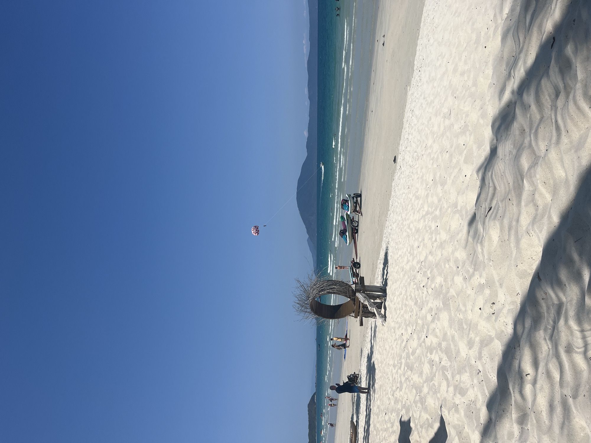 The image shows a beach scene. The location is Unknown, Unknown. The sky is a clear, bright blue. The beach consists of white sand and is occupied by several people in various positions. A wooden structure with a circular frame stands prominently on the beach. In the distance, a parasail is visible in the air. The ocean meets the beach with gentle waves. A mountain appears on the horizon.