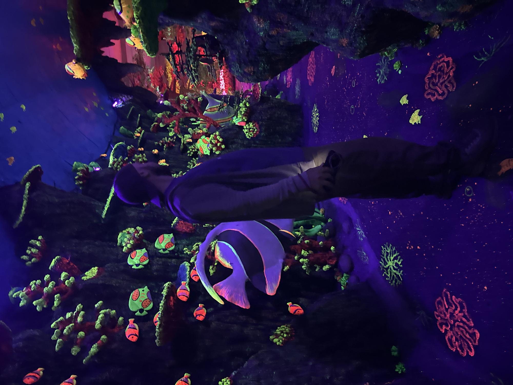 A man stands within a dark, enclosed space decorated with glowing coral and fish figures, some resembling clownfish and others abstract in form. The scene appears to be an underwater-themed attraction with blacklights causing the decorations to fluoresce. The location is likely a tourist attraction or recreational space in the city of Binh Lu, Vietnam.