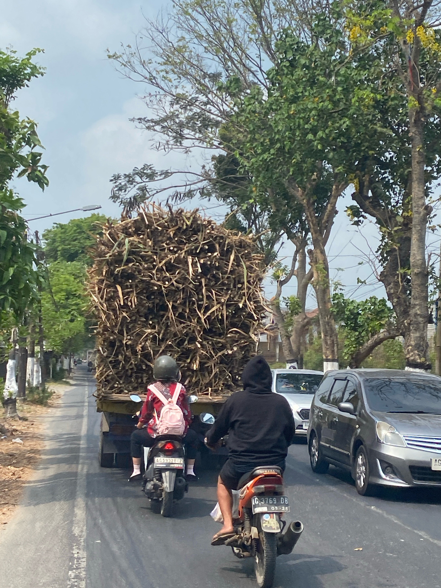 A truck loaded with sugarcane stalks is being driven down a road in Kediri City, Indonesia. Two motorcycles are in front of the truck. The first motorcycle, ridden by a person wearing a red shirt and a pink backpack, is heading away from the camera. The second motorcycle, ridden by a person wearing a black hoodie, is also moving away from the camera. Cars are on the right side of the road, and trees and houses are visible along the sides of the road. The sky is partly cloudy.