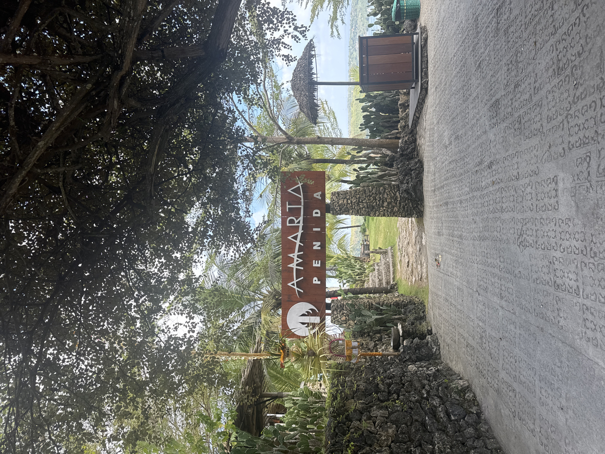 A vertical, eye-level, full shot captures the entrance to Amarta Penida in Nusa Penida, Indonesia. The foreground features a gray, patterned pathway leading towards a lush green lawn. To the left, a stone wall is covered in moss and small plants, with a tall, decorative string of leaves and flowers hanging in front of it. In the center of the shot, a wooden sign with a white logo reads "AMARTA PENIDA." Behind the sign, various cacti and palm trees are visible, with a thatched umbrella and a wooden storage unit to the right. In the background, a distant body of water can be seen beneath a cloudy sky, framed by the branches of a large tree in the upper portion of the image. The scene appears tranquil and inviting.