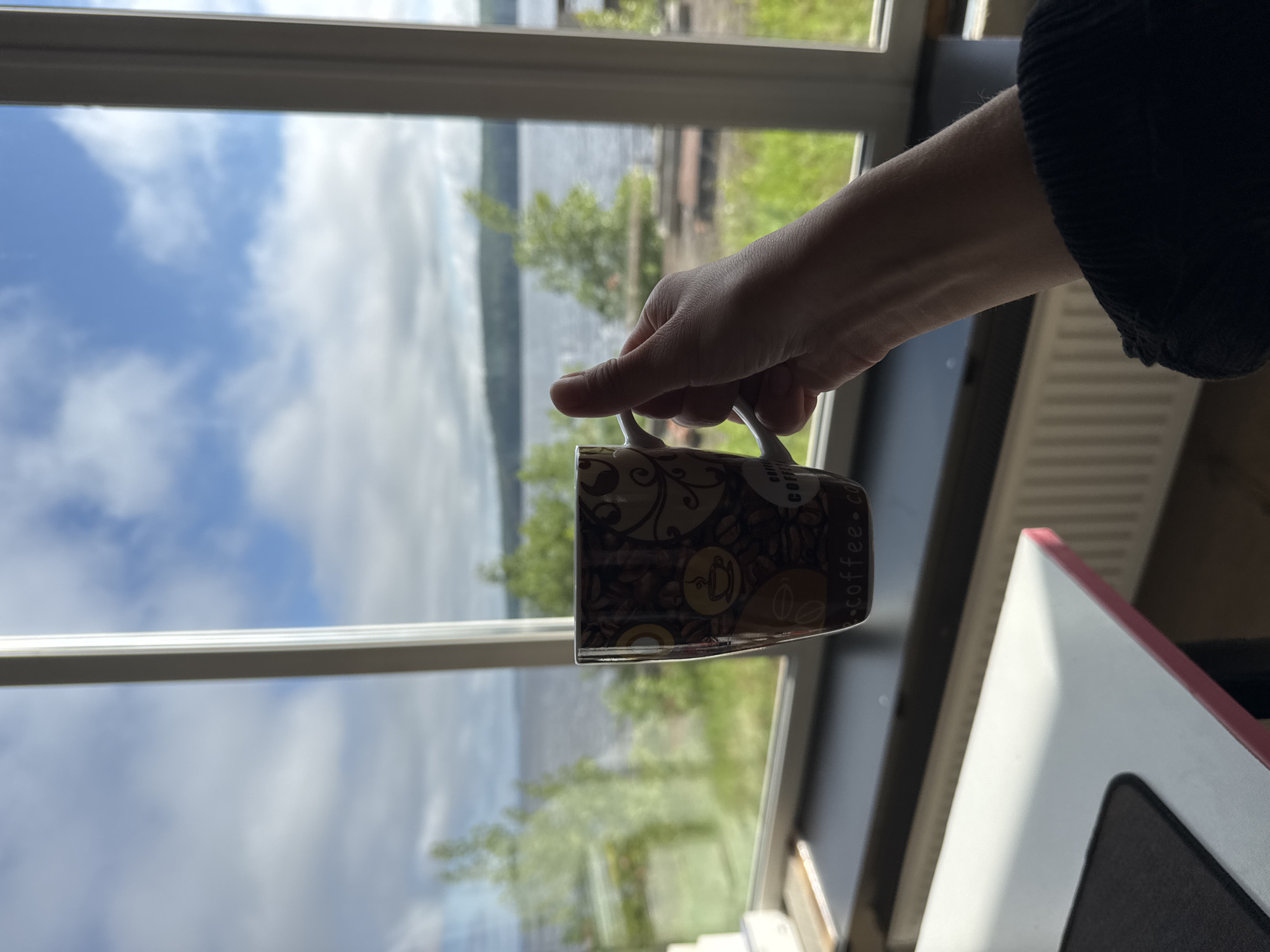 A person's hand is holding a brown and tan patterned coffee mug. The mug has an image of coffee beans and the word "coffee" repeated. The background is a large window with a view of a body of water, trees, and a cloudy blue sky. The water appears to be a lake or river. There is a white desk with a black mousepad in the foreground. The scene suggests a relaxed moment, possibly in a home or cafe, in Chaikovsky, Russia, given the presence of a radiator and the overall aesthetic.