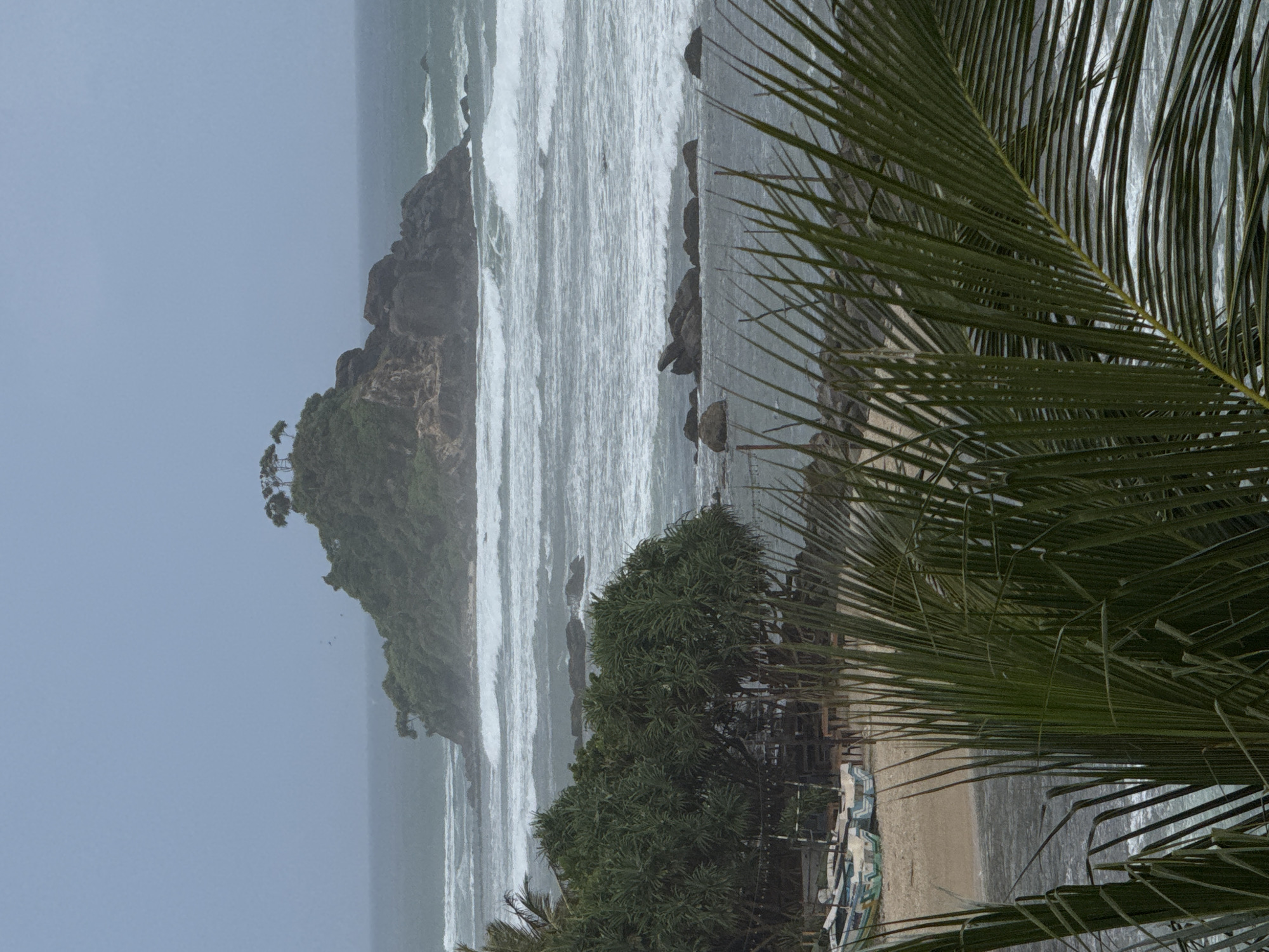 An overview shot captures a rocky island with trees on top, situated in the ocean. The island is located off the coast of Goviyapana, Sri Lanka. In the foreground, palm fronds obscure part of the view, with a sandy beach to the left featuring several boats. Further offshore, waves crash against rocks. The sky is overcast with a light blue-grey hue.