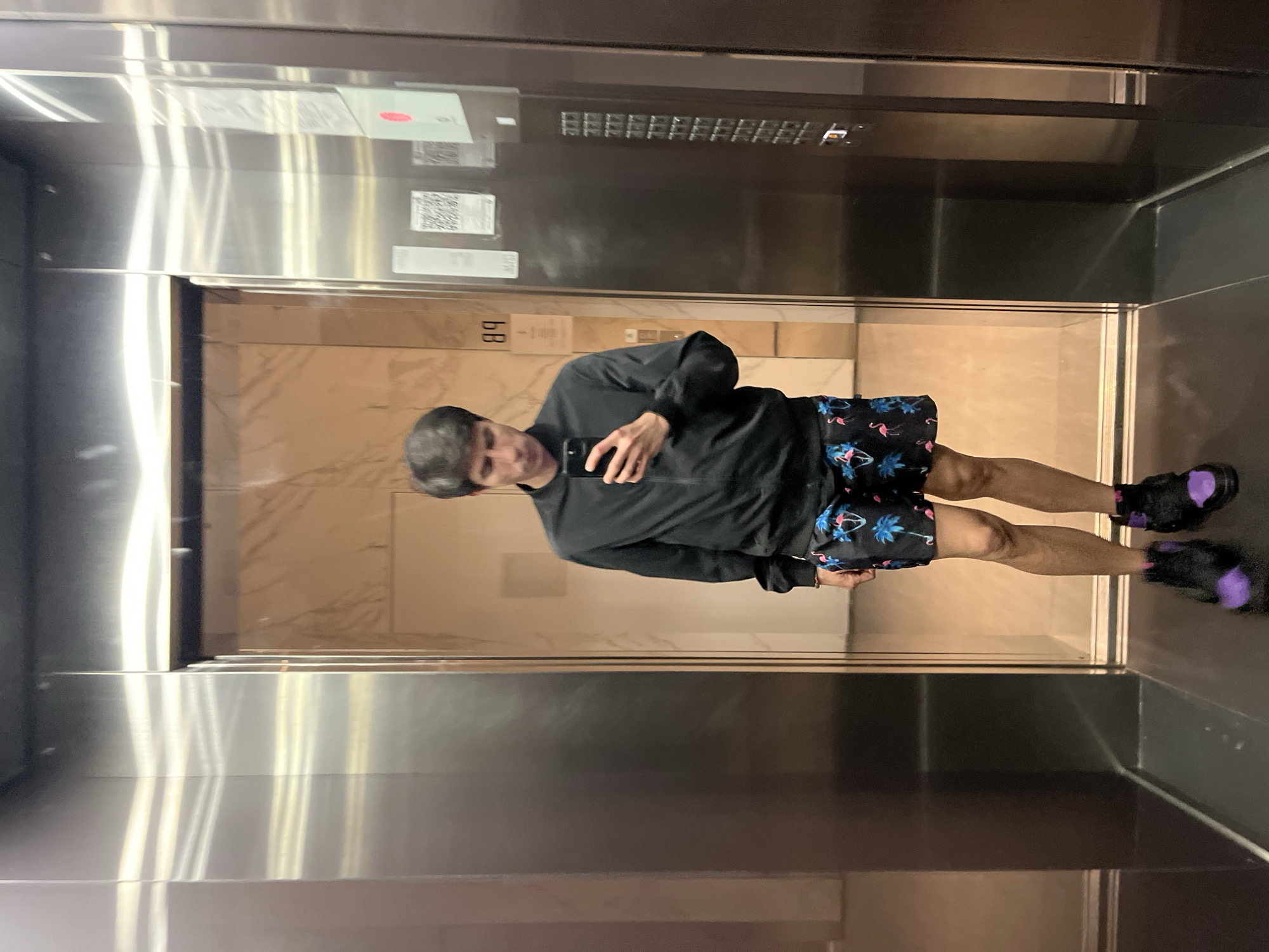 A person is standing inside an elevator taking a selfie. The person is wearing a black zip-up jacket, shorts with a palm tree pattern, and sneakers with purple accents. The elevator interior is stainless steel with a display panel and buttons near the top. The back wall of the elevator is a light-colored marble or stone. The elevator floor number 'B9' is visible, reflected in the mirror. The location is potentially in Buenos Aires, Argentina, although there is no direct evidence to confirm this.
