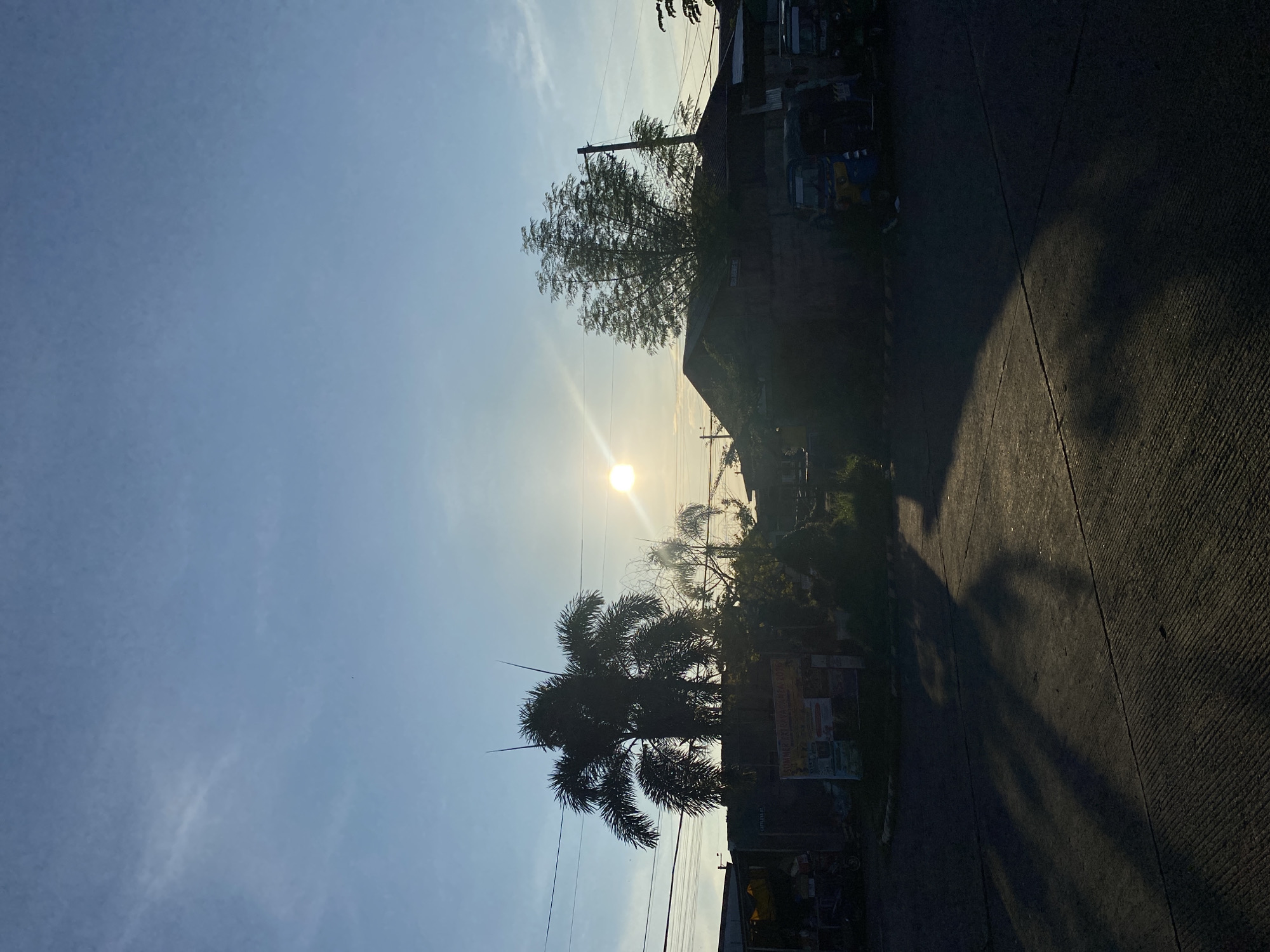 The image captures a street scene in Davao City, Philippines, during what appears to be late afternoon or early morning given the low angle of the sun. The sky is a clear, bright blue with a few wispy clouds. The sun, a bright orb, is positioned in the upper center-left of the frame, casting a strong light that creates distinct shadows.
Dominating the left side of the image is the silhouette of a palm tree with its fronds fanned out. To the right of the palm tree, and slightly further back, is a densely leaved tree, its form softened by the backlight. In the mid-ground, several buildings with dark roofs are visible, partially obscured by vegetation. A prominent sign with text, some of which is legible as "SUMMER EXTRAVAGANZA BOYS," is affixed to a dark structure in the middle left.
On the road in the foreground, a textured asphalt surface is evident, with distinct cracks and lines marking the pavement. Long, dark shadows from the trees and possibly other unseen objects stretch across the road, indicating the sun's low position.
Along the right side of the road, parked vehicles are visible. These include what appear to be motorized tricycles, commonly used as public transportation in the Philippines. Their colors, predominantly blue and yellow, are discernible despite the shadows. Power lines crisscross the sky above the scene, a common element in urban and semi-urban landscapes. The overall impression is a typical street view in a tropical urban setting, bathed in the warm light of the sun.