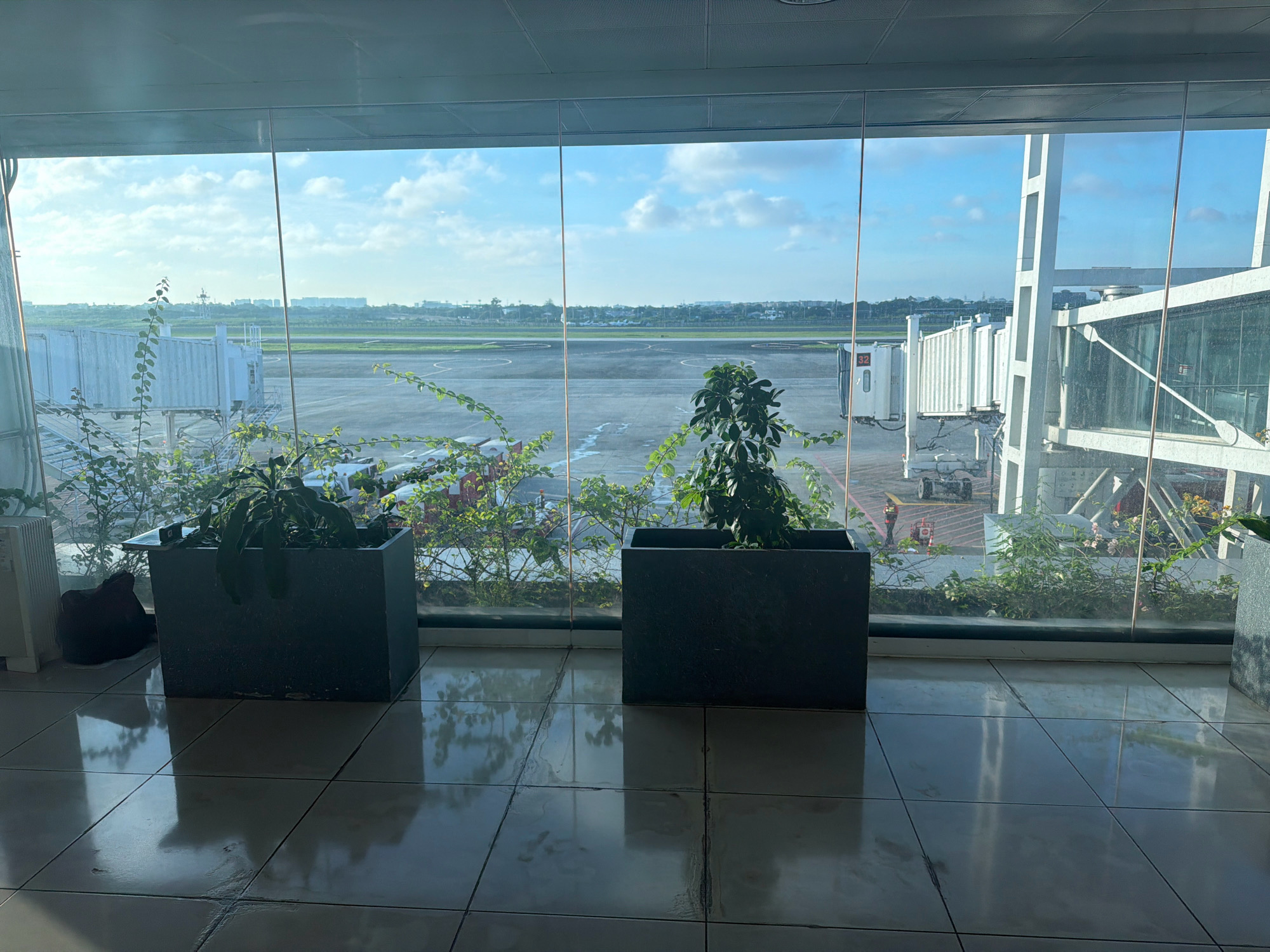 The image shows a view from inside an airport terminal building in Pasay, Philippines, looking out onto the tarmac and jet bridges. Two large dark planters, each containing a leafy green plant, are positioned in the foreground on a tiled floor. The floor is highly reflective, showing a mirror image of the planters and the plants. Behind the planters, a wide expanse of glass offers a clear view of the airport. On the tarmac, several jet bridges are visible, connected to what appear to be terminal buildings. The sky is a pale blue with scattered white clouds. The overall scene depicts a clean and modern airport environment.
