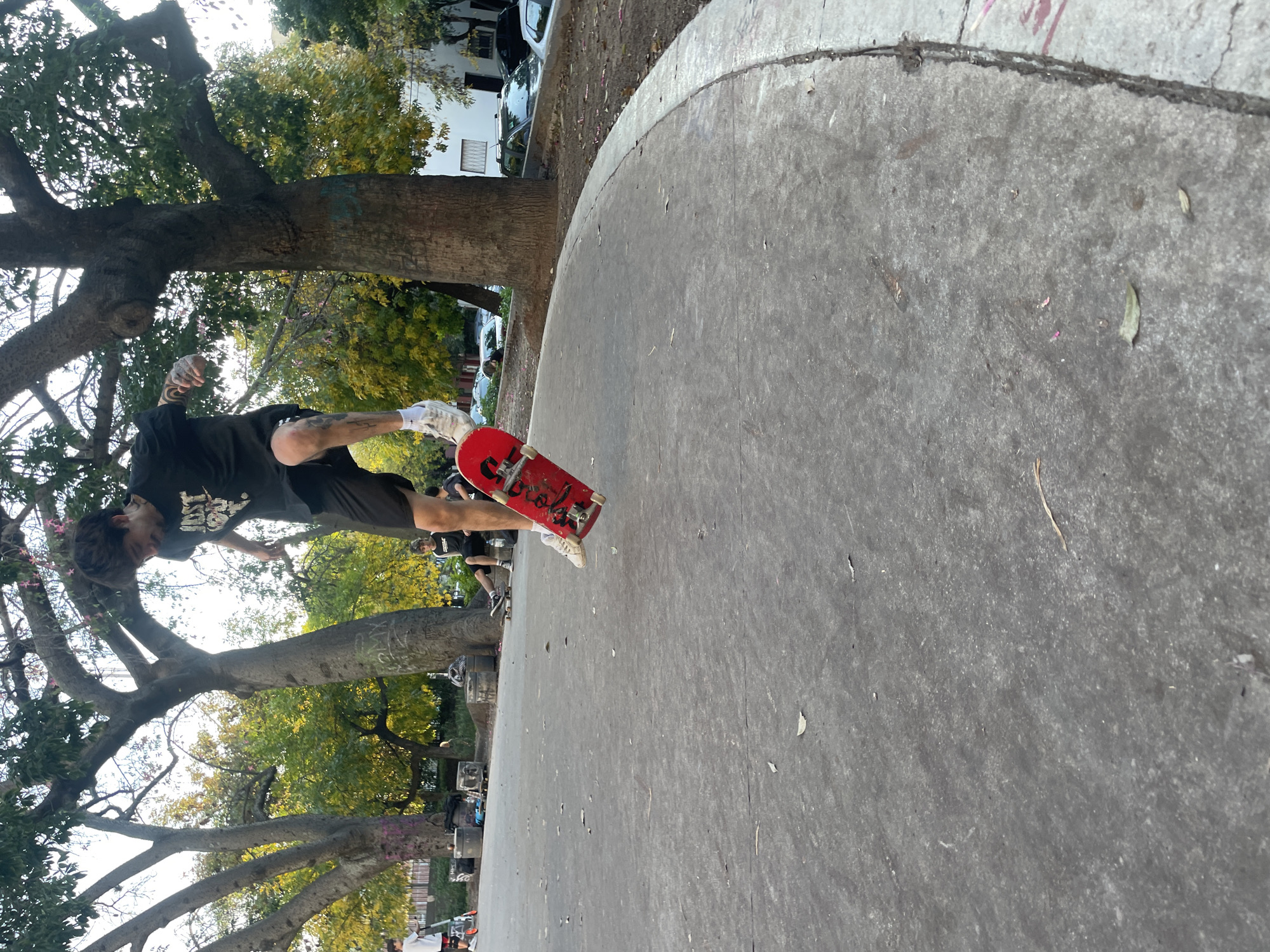 A man in a black shirt and shorts performs a skateboarding trick in a concrete skatepark. He is holding a red skateboard with white wheels in the air. Trees with green and yellow leaves surround the skatepark. In the background, there are cars and buildings. The scene appears to be in a park-like setting within an urban area. While the exact park location cannot be definitively determined from the image alone, the photo was taken in Buenos Aires, Argentina.