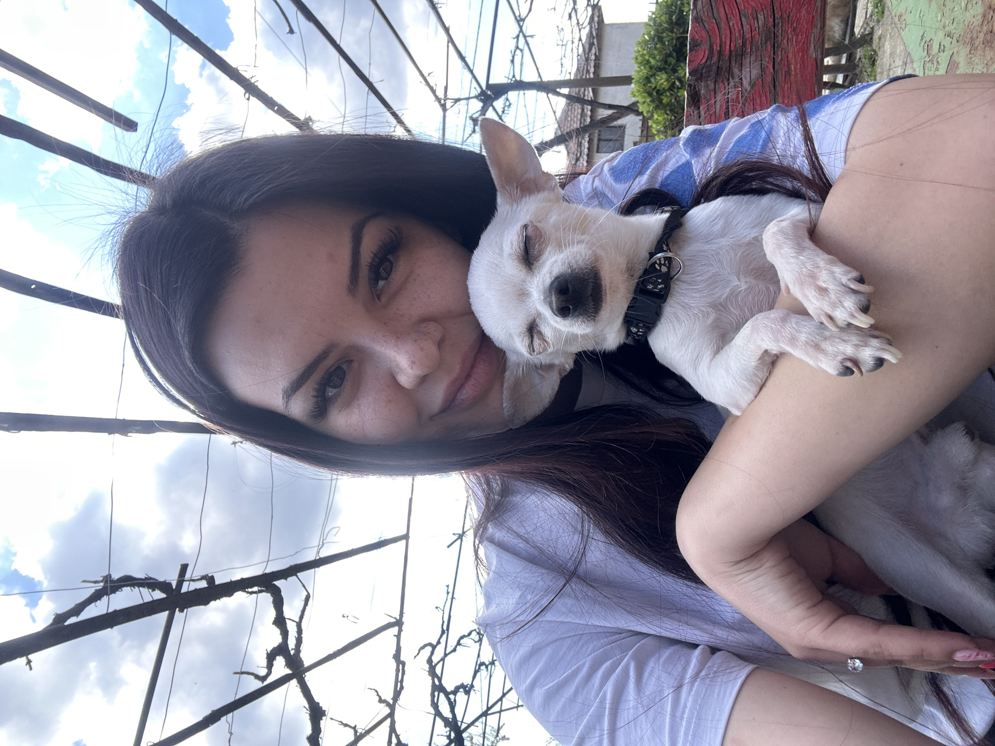 A light-skinned woman with long, dark hair and freckles is holding a small, white chihuahua with a black collar. The dog has its eyes closed and appears to be resting or sleeping in her arms. The woman is wearing a light-colored t-shirt, possibly white or light grey. She is wearing a ring on her left hand.
The background includes a sky with clouds, bare tree branches or vines, and glimpses of a building with a red painted section. The location is indicated as Chubra, Bulgaria.