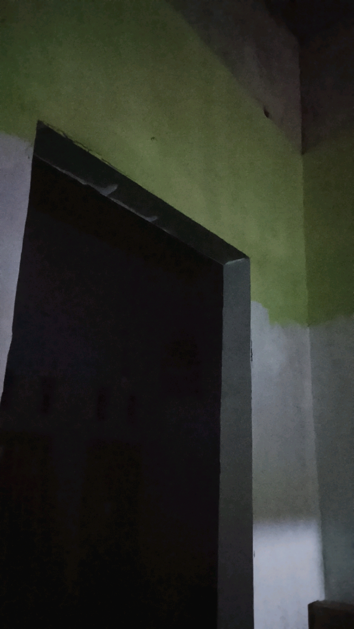 The image shows a dark doorway within a room that appears to be under construction or renovation. The walls are painted in a combination of light gray and lime green, with visible brush strokes and uneven patches, suggesting recent painting. The doorway itself is deep and dark, with a visible threshold. The lighting in the room is dim. The location is Ujungrusi, Indonesia.