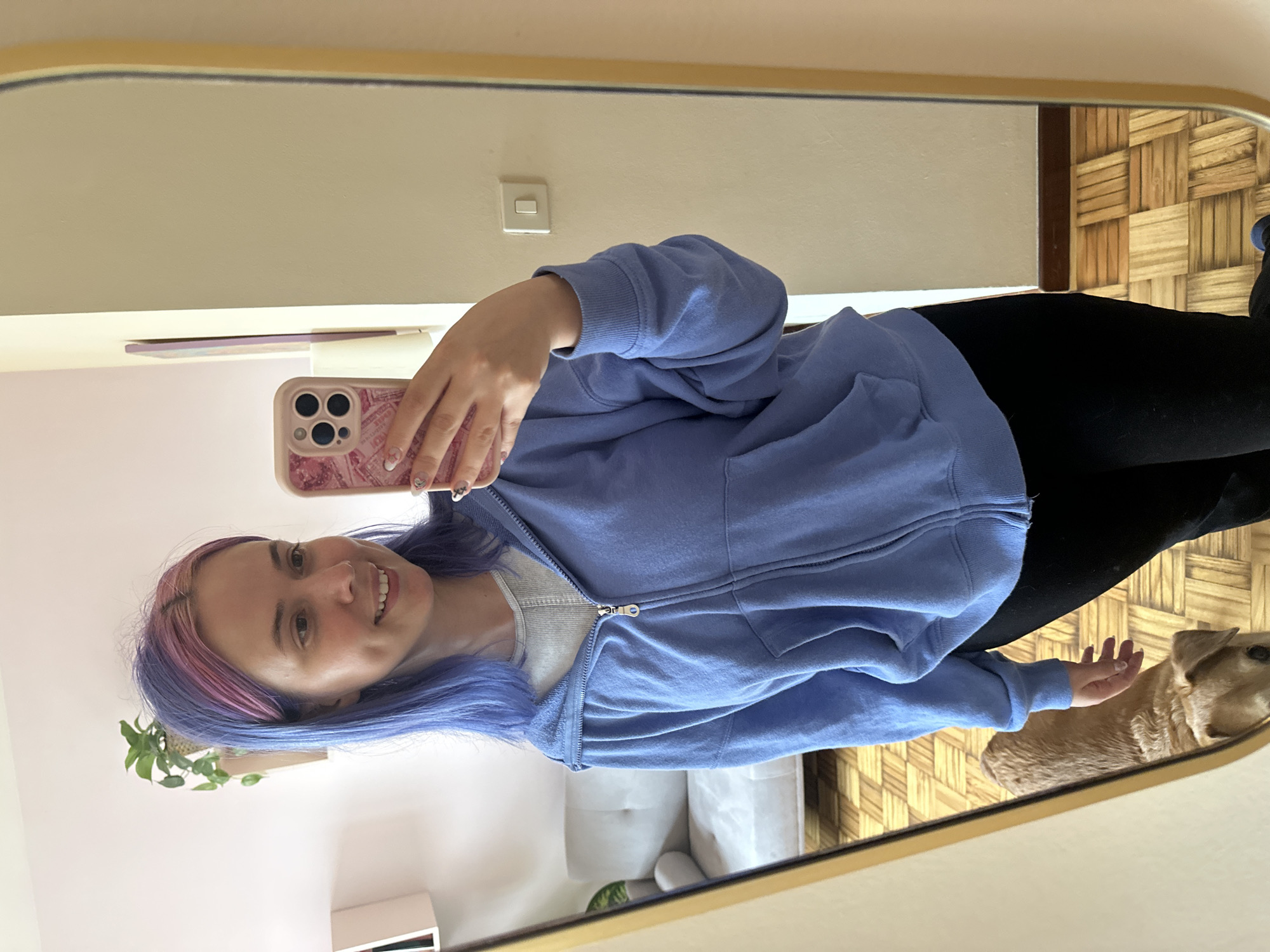 A young woman with dyed blue and pink hair is taking a selfie in a mirror. She's wearing a blue zip-up hoodie over a gray shirt and black pants. She's holding a pink phone case. The background features a light pink wall, a white light switch, a white shelf with a plant, a white couch, and parquet flooring. A dog is partially visible in the lower right corner. This scene does not appear to be located in the city of Gijón/Xixón, Spain.