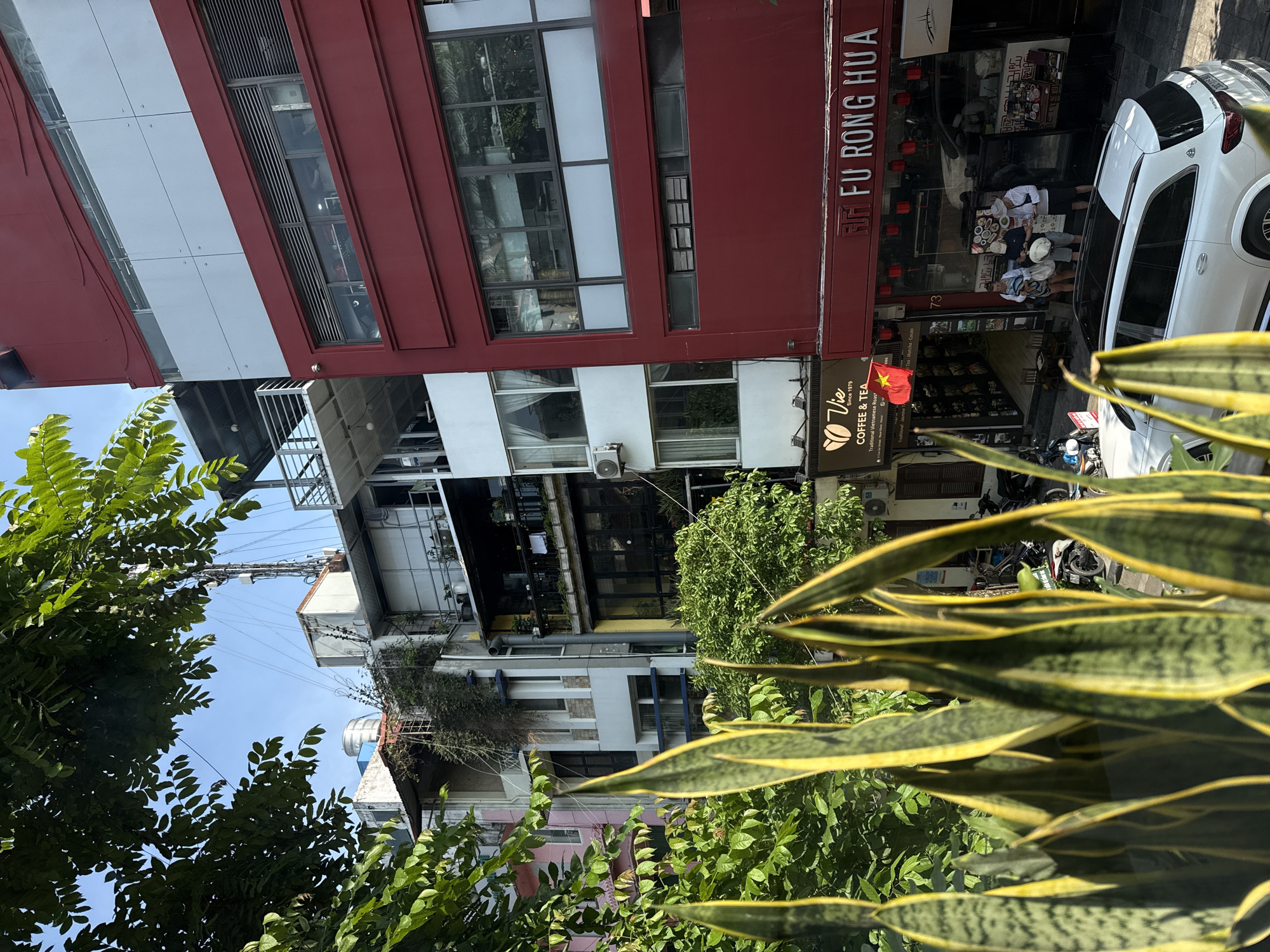 This photograph captures a vibrant street scene in Hà Nội, Vietnam, viewed from an elevated position looking down onto the street. The bright, clear blue sky indicates it is daytime, with strong sunlight casting shadows. The foreground is partially obscured by lush green foliage, including prominent green and yellow-striped snake plant leaves, suggesting a balcony or rooftop vantage point.
The scene depicts a busy urban street flanked by multi-story buildings with varied architectural styles. A striking red-fronted building with numerous windows dominates the upper left side of the frame. Other buildings feature white, grey, and red facades, with balconies, and visible air conditioning units. A dense tangle of power lines stretches across the sky above the buildings.
At street level, the scene is lively. A white SUV is parked on the right, and several motorbikes are visible further down the street. People are gathered on the sidewalk, engaging in daily activities. Notably, a group of people is interacting in front of a shop, with one individual wearing a white chef's hat standing near a display of food or beverages, suggesting a street food vendor or a shop serving customers outdoors. A Vietnamese flag proudly hangs from the "Vie Coffee & Tea" shop.
Visible text and signs provide specific location details:
- "FU RONG HUA" is prominently displayed on the red shopfront.
- The "Vie" coffee shop sign reads: "Vie Since 1979 COFFEE & TEA Traditional Vietnamese Roas Tea-Matcha Cacao," accompanied by a coffee bean logo.
- The building number "73" is visible.
- A small label, possibly indicating a price of "20K" (likely 20,000 Vietnamese Dong), is seen near the food display.
The image conveys a sense of bustling daily life and commercial activity characteristic of a lively urban street in Vietnam.