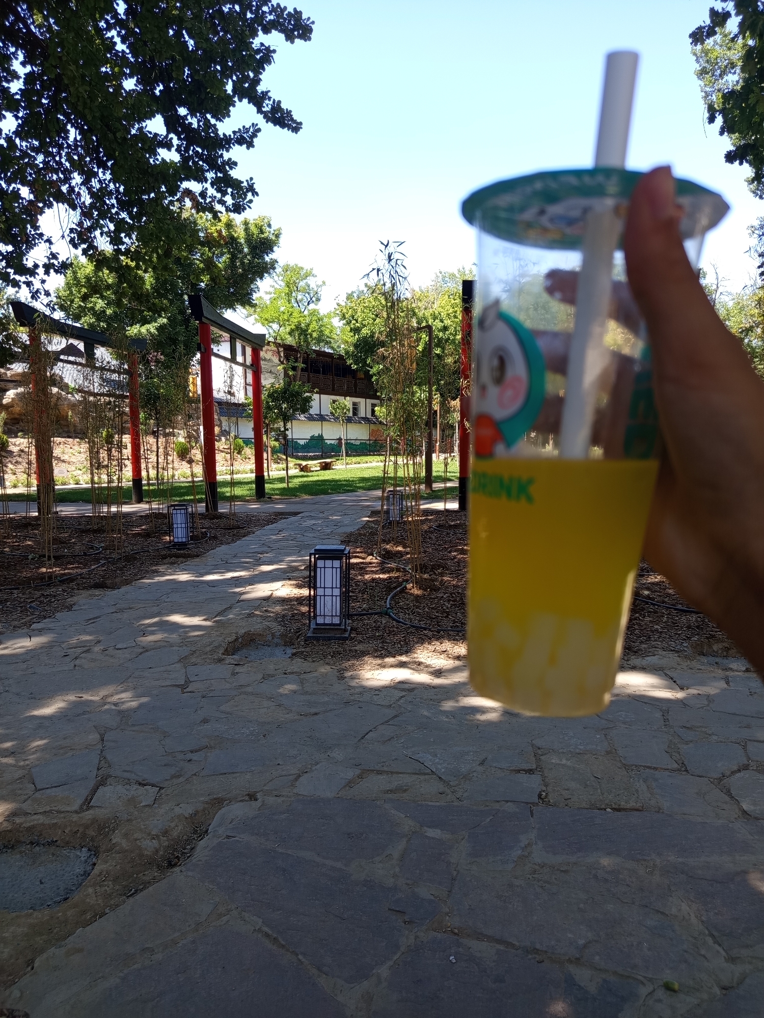 A hand holds a clear plastic cup with a green lid and white straw, filled with a yellow beverage and ice. The cup has a cartoon character design and the word "DRINK" printed on it. The background depicts a park-like setting with a stone pathway, trees, and traditional Japanese-style torii gates. The scene appears to be outdoors on a sunny day. The location is the Dendropark in Shymkent, Kazakhstan.