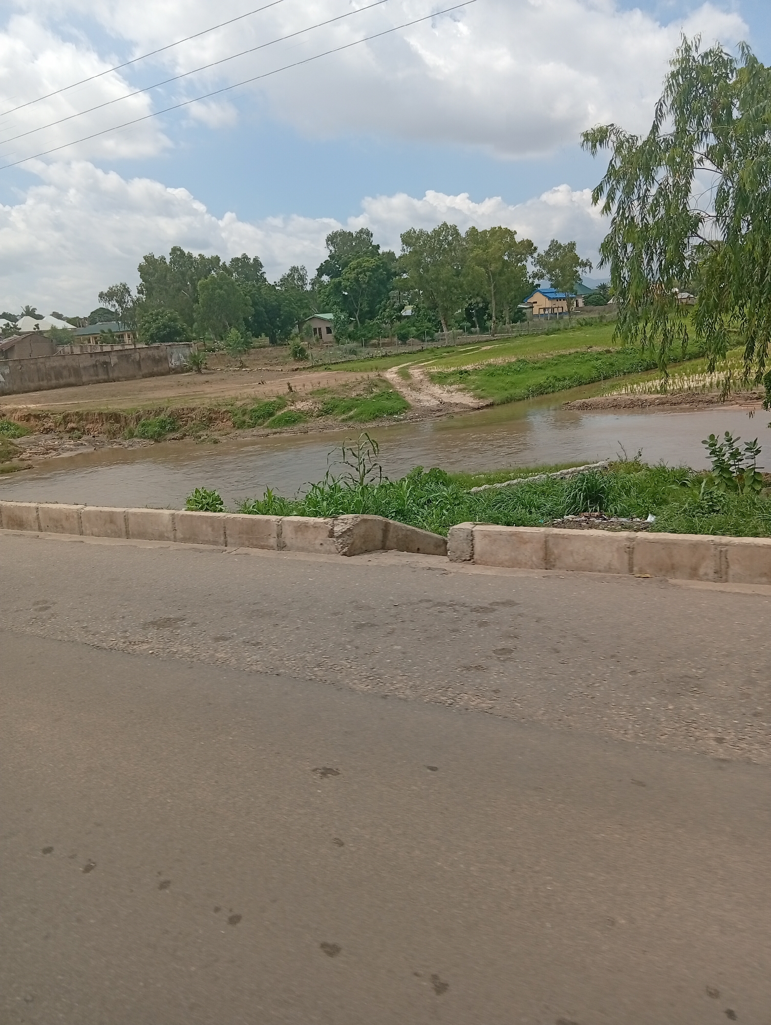 The image depicts a street scene in Jalingo, Nigeria, with a road in the foreground leading towards a river and a lush green landscape. The road is asphalt with a concrete curb on the left side. Beyond the curb, a river flows, bordered by vegetation and a dirt path. In the background, there are trees, buildings, and a partly cloudy sky. The scene appears to be in a rural or semi-rural area, possibly on the outskirts of the city. There are no people visible in the image.