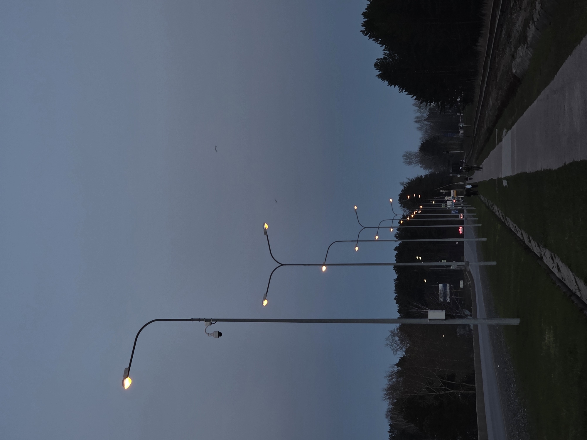 The image shows a street in Chaikovsky, Russia at dusk. Streetlights illuminate a road running alongside a sidewalk bordered by grass and trees. Several people are walking on the sidewalk. The sky is a deep blue, and the general lighting is dim. A security camera is visible on one of the streetlights.