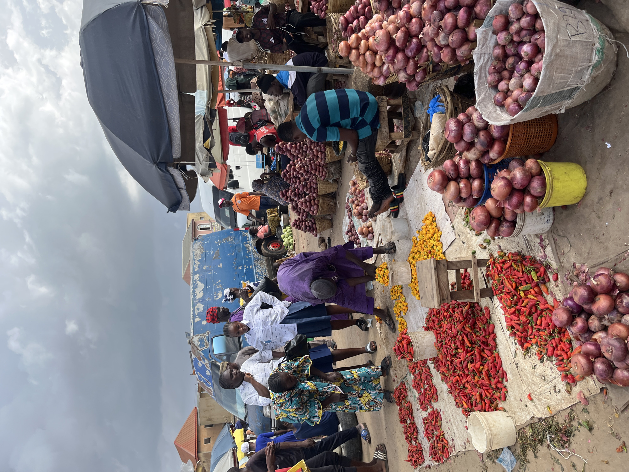 The image depicts an outdoor market scene in Rafin Par, Nigeria, under a cloudy sky. The foreground is dominated by a large display of red chili peppers spread across a white tarp, with several white buckets containing more peppers scattered around. Adjacent to the peppers, piles of red onions are displayed in baskets and buckets, with some onions spilled onto the ground. In the mid-ground, several people are engaged in market activities. A woman in a colorful patterned dress is bent over, examining produce. Another woman in a white shirt and blue skirt stands nearby, looking downwards. A man in a purple robe is also bent over, interacting with yellow peppers. Further back, more people are visible, some interacting with vendors, while others are seated. A blue van, possibly used for transport, is parked in the background, along with other vehicles and stalls covered by umbrellas. The overall environment suggests a bustling marketplace with vendors and customers actively trading produce.