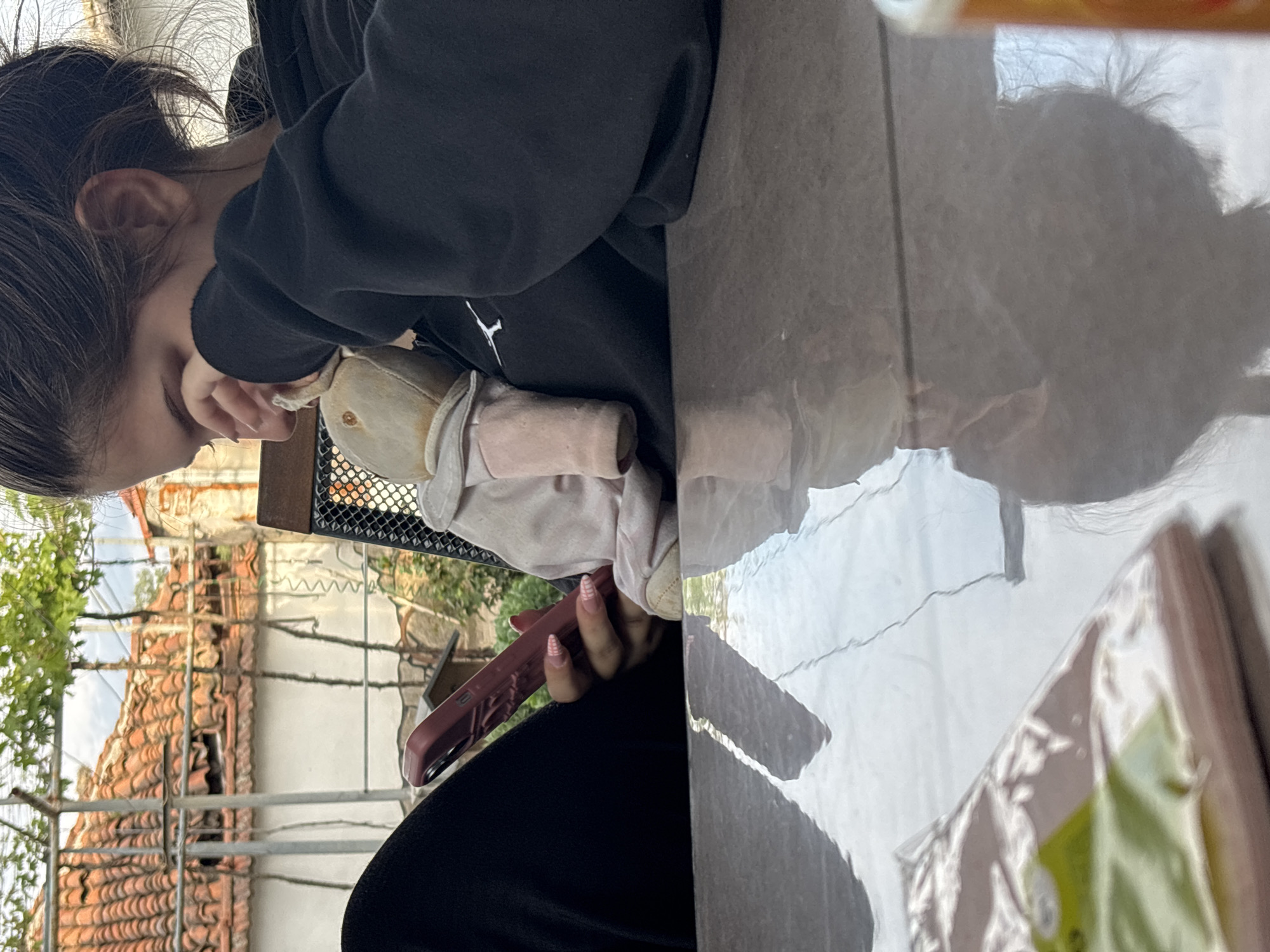 A person with dark hair, wearing a dark hoodie with a white logo, is seated and holds a doll in their lap. They are also holding a red phone in one hand. The scene is set in Novo Zhelezare, Bulgaria, as indicated by the architectural style of the building visible in the background. The exterior of a tiled roof building is visible through a metal railing and scaffolding. The setting appears to be outdoors, possibly on a patio or balcony, given the presence of a tiled surface. There is a reflection on the surface where the person is seated, obscuring the objects on the surface.