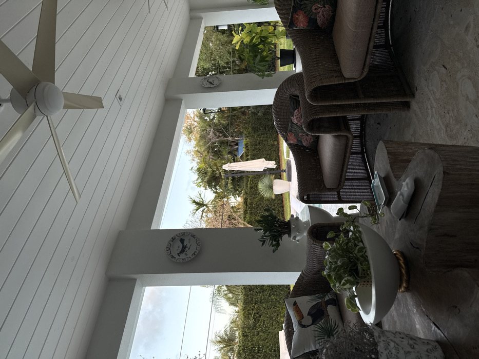 This image depicts a covered outdoor patio or lanai at a residence in Coral Gables, United States of America. The scene is devoid of people. In the foreground, a large, irregularly shaped wooden coffee table, appearing to be formed from tree stumps, is positioned centrally. On the table, a white, boat-shaped planter with a gold base holds a variegated green plant. To its right, a light-colored ashtray with a blue rim and a small white decorative object are visible.
The midground features several dark brown wicker armchairs with light beige cushions, arranged on a light-colored, textured floor. The leftmost visible armchair has a decorative pillow depicting a toucan. The two armchairs to the right feature cushions and one includes a decorative pillow with a flamingo and tropical leaf pattern. Between the leftmost armchairs, a white, textured cylindrical side table supports a potted dark green plant. White structural columns frame the view outwards. A circular white decorative wall plate with a dark bird motif is mounted on the left column, with a similar plate visible on a column further to the right.
The background reveals a sunny outdoor area, including a light blue swimming pool. A large, closed white patio umbrella with a dark base stands by the pool. A tall white planter containing a spiky green plant is also visible near the pool. A dense, trimmed green hedge forms the property boundary, behind which various palm trees and tropical foliage are present. The sky above is light blue with sparse clouds. Overhead, a white paneled ceiling covers the patio, from which a large white ceiling fan with four light-colored blades and a central light fixture is suspended. Another ceiling fan is partially visible further to the right.