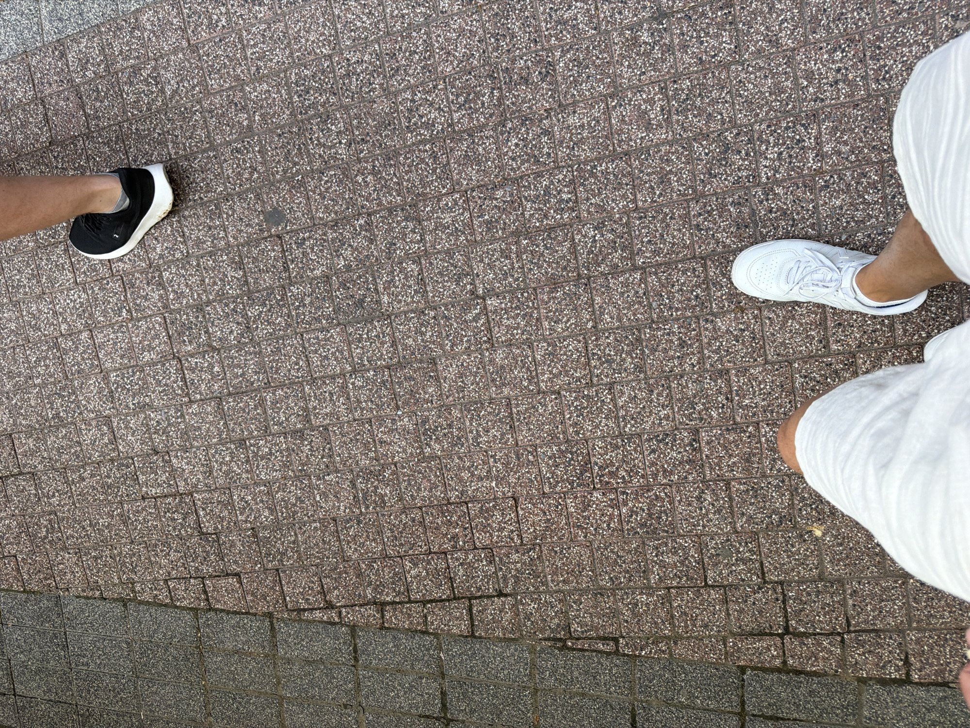The media file shows a top-down view of two people's legs and feet walking on a textured, paved surface. The surface is composed of small, square, speckled tiles in shades of brown and gray. One person is wearing black athletic shoes with white soles and grey socks. The other person is wearing white athletic shoes and appears to be wearing loose white clothing. The scene suggests a casual outdoor activity, likely walking, given the footwear and the sidewalk-like surface. The lighting suggests it is daytime, and the weather appears to be pleasant enough for shorts or light clothing. The location context of Plovdiv, Bulgaria, does not provide specific visual cues in this image, as the paving is generic. There is no visible text in the image. The focus is on the feet and lower legs, with the rest of the scene out of frame.