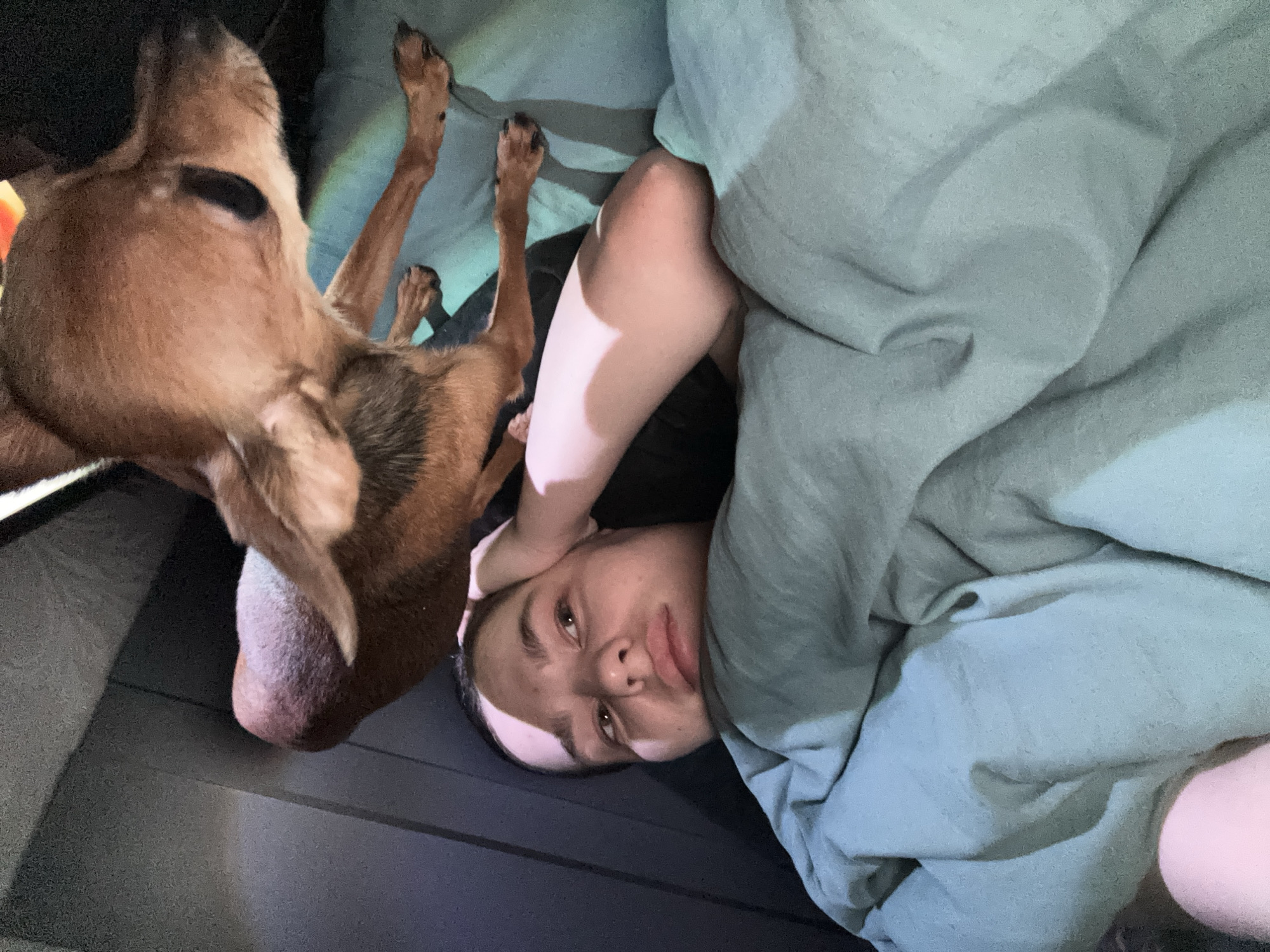 A person lies on a dark gray surface, partially covered by a light blue or green blanket. The person's face is visible, and they appear to be looking at the camera. A brown and tan dog is positioned to the left, close to the person. The dog's legs are extended upwards. The environment is dimly lit. The location of the image is unknown.