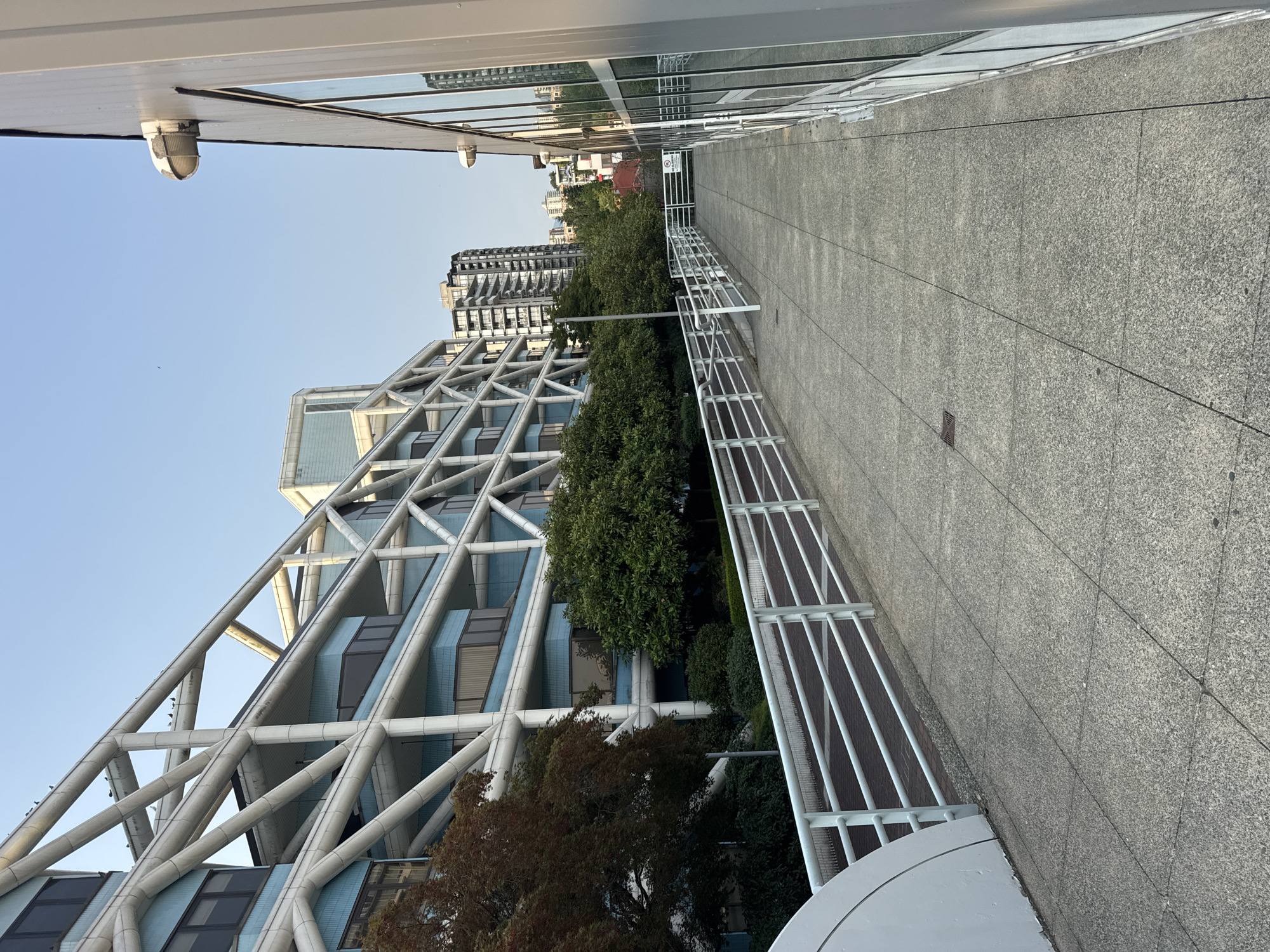 The image depicts an outdoor walkway in North Vancouver, Canada, alongside a modern building with a distinctive white lattice facade and light blue panels. The walkway is paved with grey square tiles and bordered by a white metal railing. Lush green trees and foliage are visible between the walkway and the building, with a darker, reddish-leafed tree on the left. In the background, several tall residential buildings rise against a clear, pale blue sky. The scene appears to be during daylight, with soft shadows suggesting it is either early morning or late afternoon. No people are visible in the frame. The building on the right has large reflective windows.