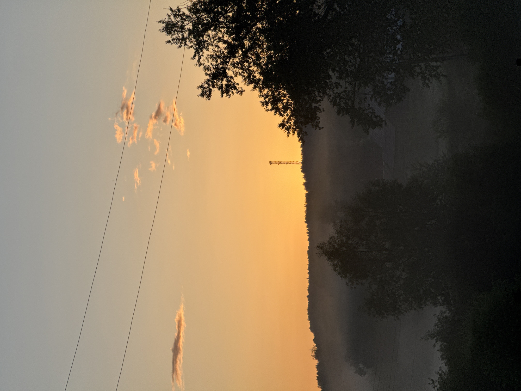 The image depicts a rural landscape at dusk, likely in the city of Уральское, Russia. The sky is a gradient of pale blue at the top transitioning to a vibrant orange-yellow near the horizon, suggesting either sunrise or sunset. A few wispy clouds are scattered across the sky, tinged with the warm hues of the setting or rising sun.
In the mid-ground, a dense line of trees forms the silhouette of a forest along a gently sloping hill. A thin layer of mist or fog blankets the lower parts of the hill and the area between the foreground and the forest, obscuring details of the terrain and any structures that might be present. A tall, slender cell tower is visible rising above the treeline on the hill, illuminated by the light of the sky.
In the foreground and mid-ground, silhouetted trees with dense foliage dominate the scene. The branches and leaves are dark against the brighter sky and mist. The overall atmosphere is serene and somewhat muted due to the low light conditions. No people or specific actions are discernible. The environment appears to be natural, with the man-made cell tower being the only prominent manufactured object.