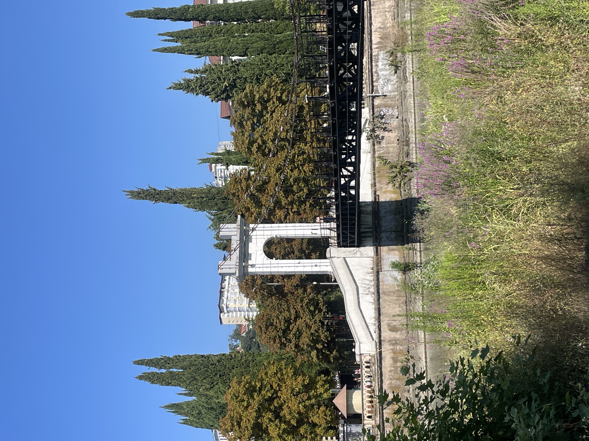 The image shows a suspension bridge over a body of water in Sochi, Russia. The bridge has a black metal superstructure and white stone supports. A riverbank lined with tall cypress trees and deciduous trees in autumnal colors is visible in the background, along with multi-story buildings. In the foreground, there is dense vegetation, including tall grasses and pink wildflowers, bordering the water. The sky is clear and blue. Several people can be seen walking on the bridge. A small, octagonal structure with a brown roof is located on the riverbank to the left of the bridge.
