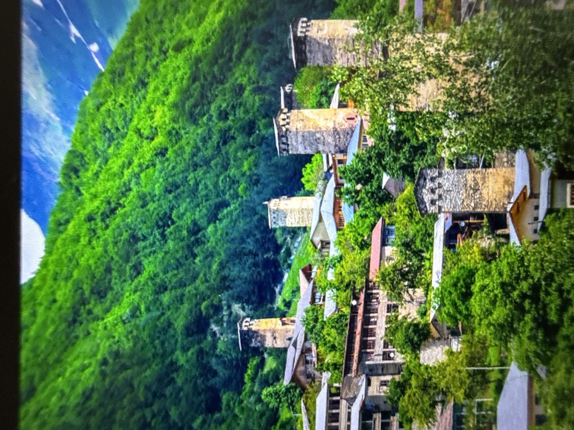 The image depicts a picturesque village nestled against a lush green mountainside. Numerous ancient stone towers, characteristic of Svaneti architecture, punctuate the landscape, standing tall amidst traditional houses with red-tiled roofs. The village is surrounded by dense forests, creating a sense of seclusion and natural beauty. The sky is a vibrant blue with hints of white clouds, and the overall atmosphere is serene and idyllic. The perspective suggests the photograph was taken from a slightly elevated position, offering a sweeping view of the settlement and its mountainous backdrop.