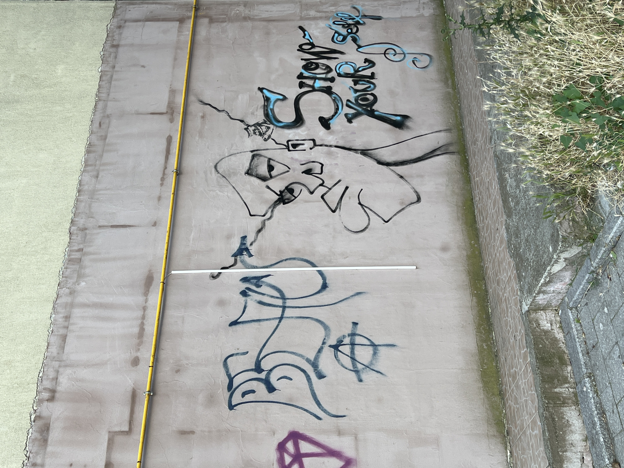 The image shows a graffiti-covered wall in Constanța, Romania. The wall is painted a light beige and has several pieces of graffiti on it. To the left, there is a purple diamond shape. In the center, there is black graffiti that appears to be stylized lettering, possibly "BJC" or similar, with an anarchy symbol below it. To the right, there is a drawing of a face in profile, with lines emanating from its head. Next to the face, in blue and black spray paint, are the words "SHOW YOUR SELF". A yellow pipe runs horizontally across the upper portion of the wall. The ground in front of the wall is paved with tiles, and there is some overgrown vegetation and concrete in the foreground. The building above the wall is painted a light green.