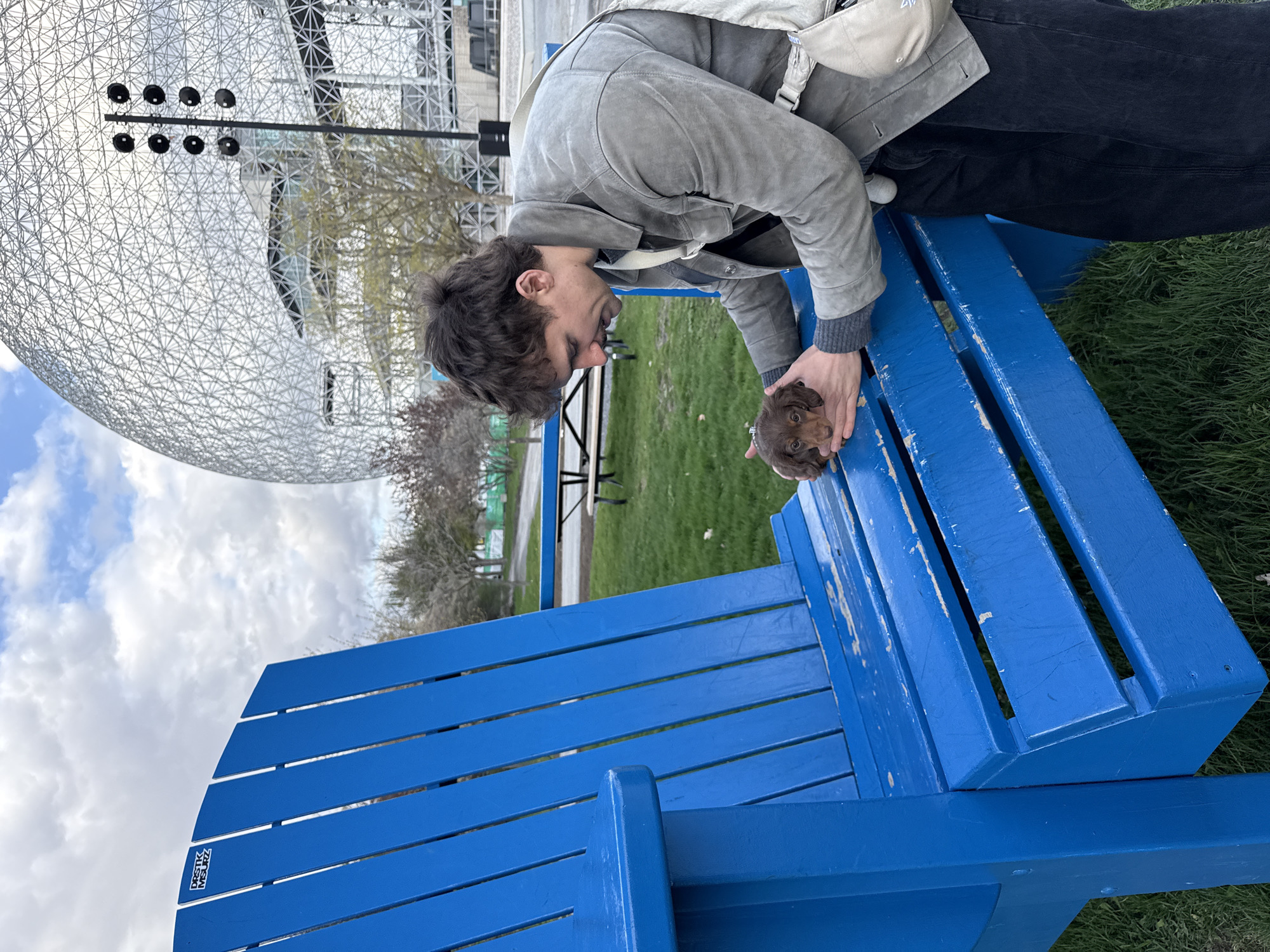 A man in a light gray jacket, black pants, and a cream-colored shoulder bag is bent over a bright blue, large Adirondack chair. He is holding a small brown puppy in his hands. The location is in Montreal, Canada, as evidenced by the Biosphere environmental museum, a geodesic dome, in the background. Other details include patches of grass, trees, and a partly cloudy sky. A park bench is also visible in the background.
