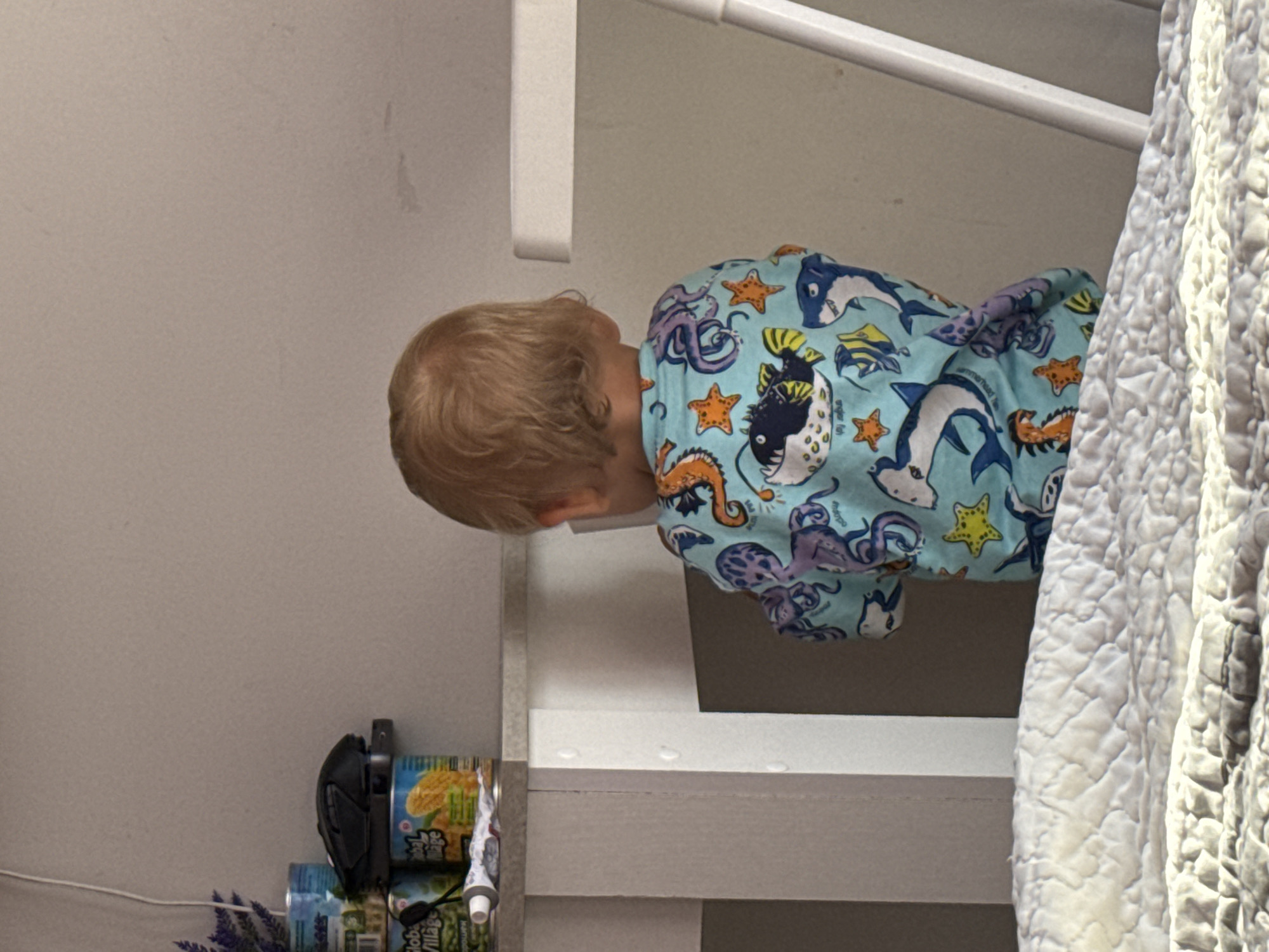 The image shows the back of a young child wearing a light blue pajama top with a pattern of various sea creatures, including fish, sharks, octopuses, and starfish. The child has blonde hair and is facing away from the camera. The child is standing near a table on which several cans of food are visible, along with a computer mouse. In the foreground, a white quilted blanket is partially visible. The background consists of a plain wall. The location is an indoor setting, possibly a kitchen or dining area. There are no overt indications of the city of Sochi, Russia.