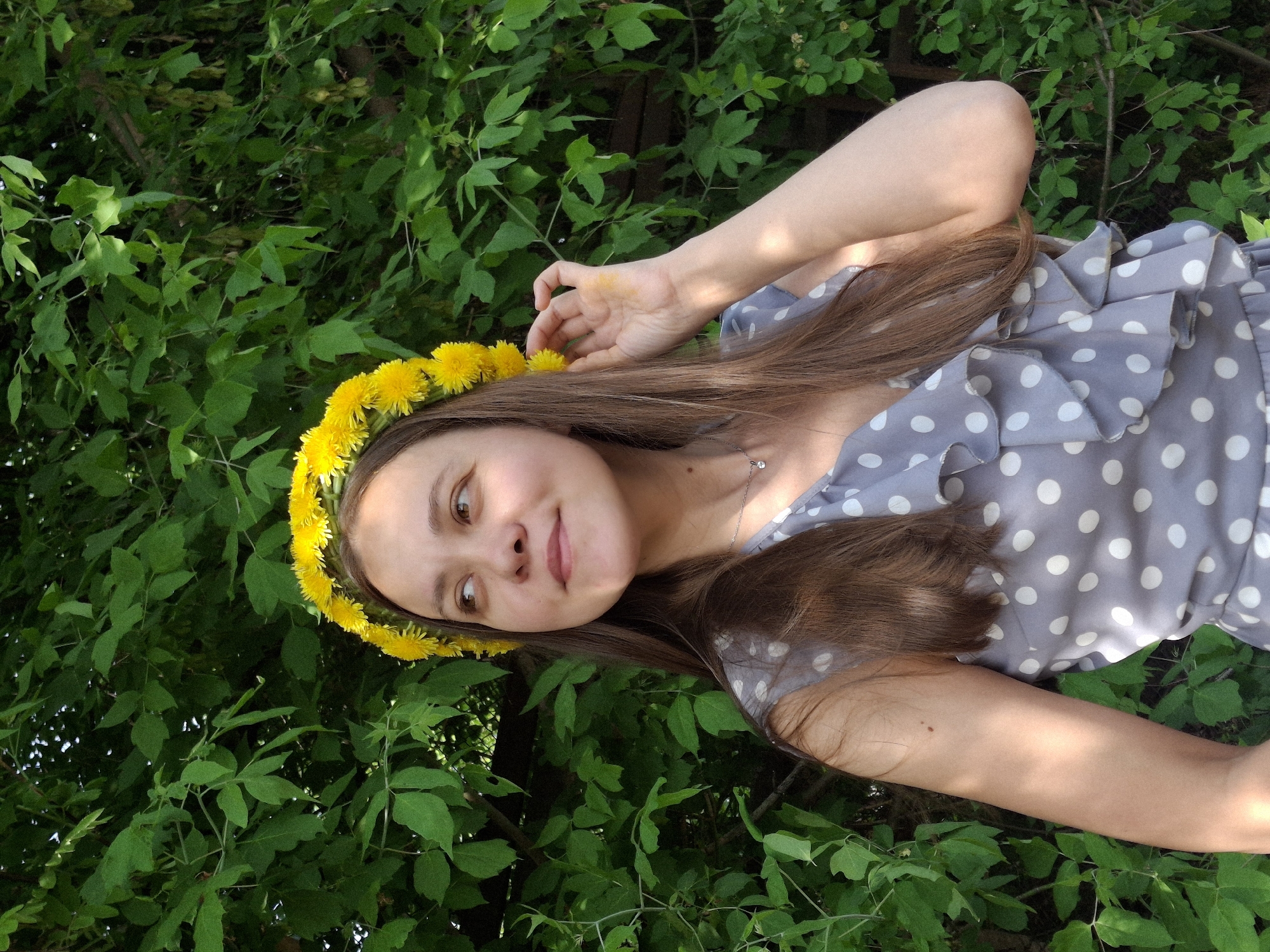 A young woman is lying in green foliage. She wears a gray polka-dot dress and a dandelion crown. She has long brown hair. The location is Chaikovsky, Russia.