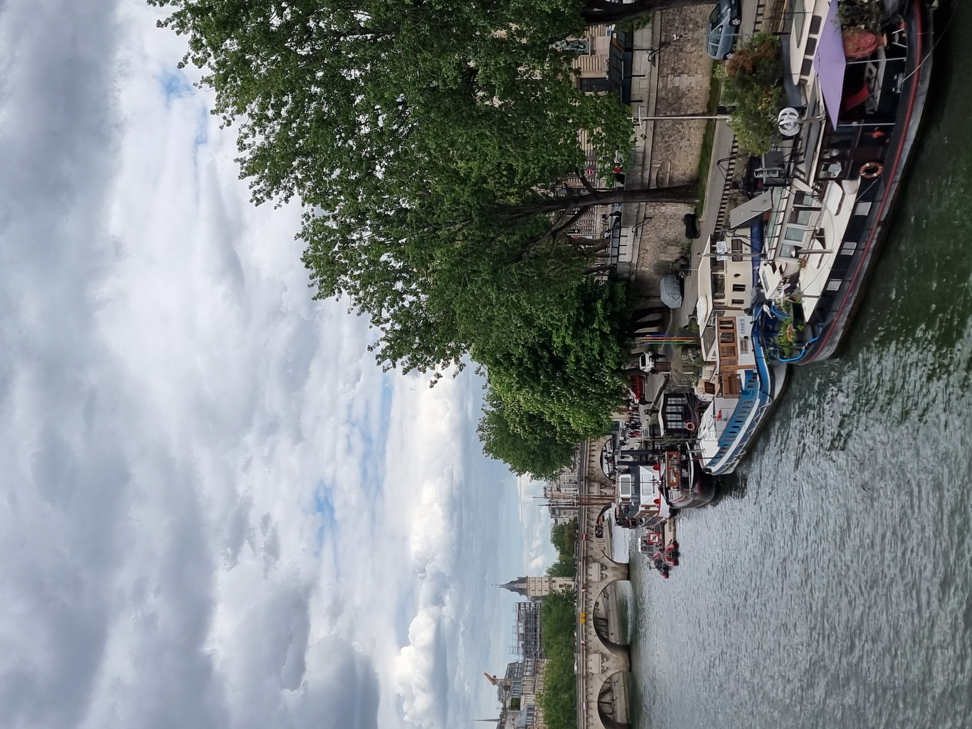 The image depicts a tranquil daytime scene along the Seine River in Paris, France, looking across the water towards a tree-lined embankment with numerous houseboats. The sky above is largely overcast with soft, grey clouds, though patches of blue sky are visible in some areas.
In the foreground, the grey-green water of the river shows gentle ripples. Along the right bank, a series of barges and houseboats are moored. These vary in design, with some featuring traditional boat structures and others appearing more like floating homes with windows and potted plants. One boat in the upper right has a distinctive purple awning, while another nearby has "MARTHA" faintly visible on its side. Further down the bank, another boat displays the text "LEONARD" and a partial number "071854970," possibly a registration.
The riverbank itself is paved, with some railings and a few parked cars visible, including a light grey car near the top right. Large, verdant green trees with full foliage line the bank, casting soft shadows. Beyond the trees and boats, a classic stone arch bridge crosses the river, and in the distance, Parisian architecture with rooftops and a distinctive spire or dome can be seen against the cloudy horizon, confirming the urban setting. No specific activity beyond the static scene of docked boats and the river's flow is depicted, and no people are prominently visible. The overall mood is calm and contemplative, characteristic of a riverside view in the city.