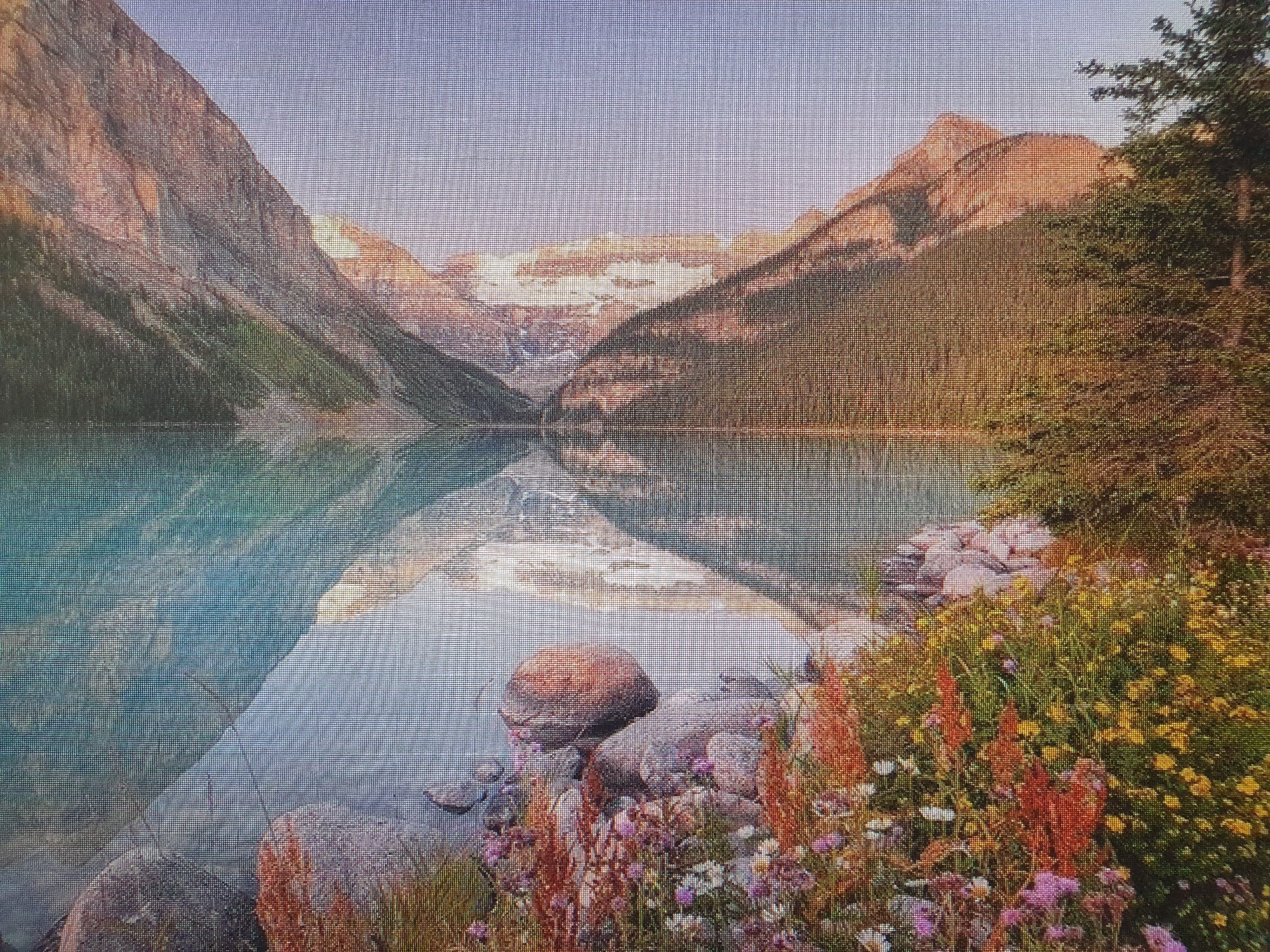 The image is a wide-angle landscape photograph of a serene mountain lake at dawn or dusk. Towering, rugged mountains, tinged with golden light, frame the scene. Their slopes are a mix of rocky terrain and patches of green vegetation. The lake itself is a tranquil, turquoise-blue body of water, reflecting the majestic mountains and the soft sky like a mirror. In the foreground, the rocky shoreline is adorned with clusters of wildflowers in various shades of purple, white, and yellow, interspersed with tall, reddish-brown grasses and larger, smooth stones. A solitary, large, rounded stone sits prominently on the shoreline. The overall atmosphere is one of natural beauty and peaceful isolation.
This image does not depict any location within the city of Tashkent, Uzbekistan. It is a natural landscape scene.