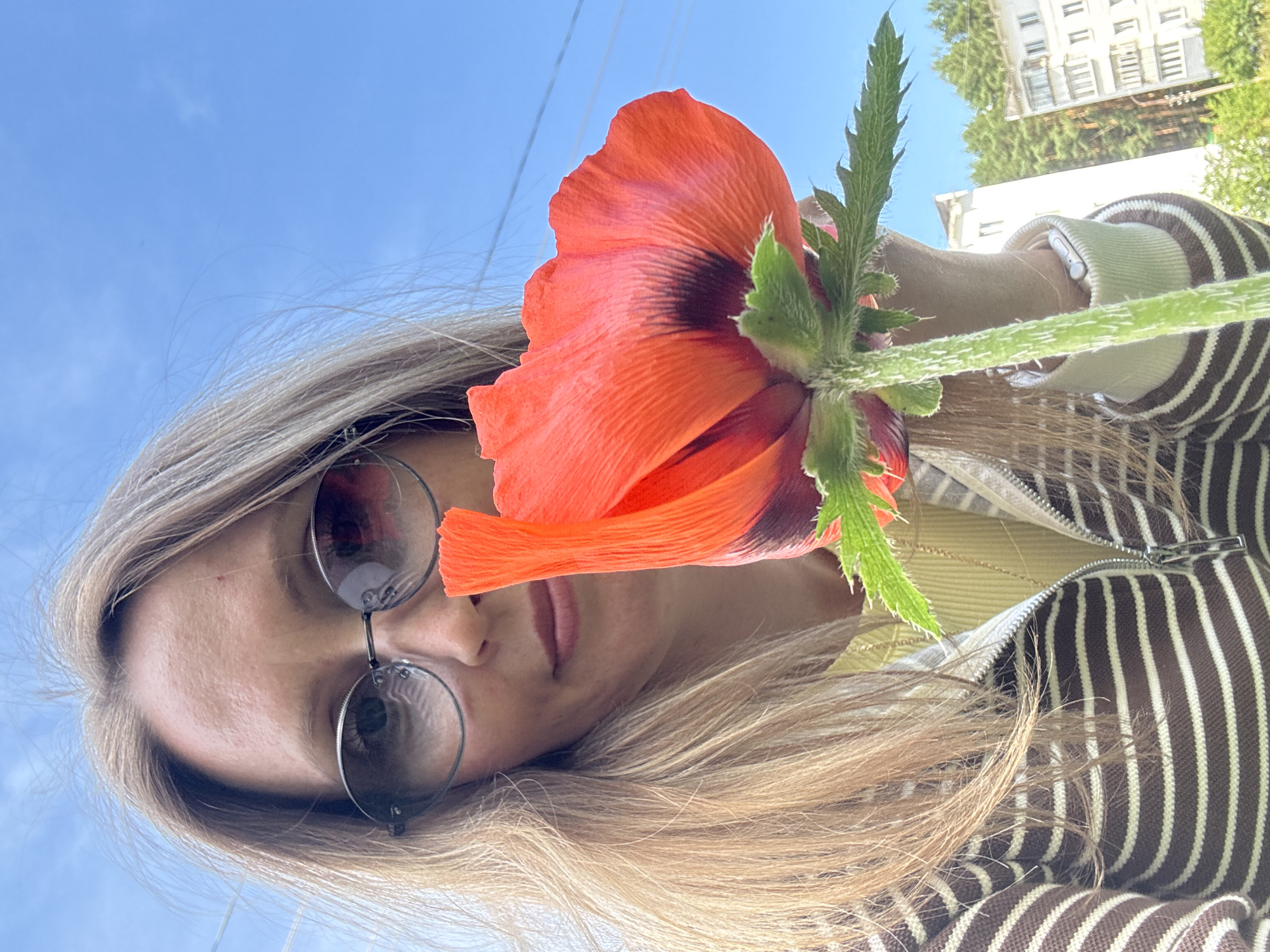 A woman with blonde hair and sunglasses holds a bright red poppy in front of her face. She is wearing a brown and white striped zip-up hoodie over a yellow top. The background shows a clear blue sky, some trees, and apartment buildings. The scene appears to be outdoors, possibly in a residential area of Chaikovsky, Russia.