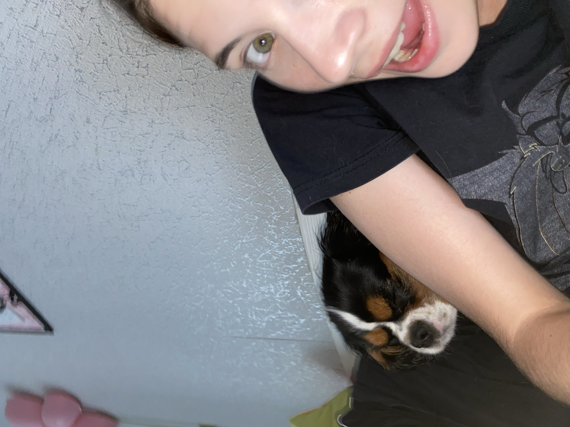 A close-up, low-angle selfie shows a person with fair skin and green eyes, their mouth wide open in a smile, looking towards the camera. The person is wearing a black t-shirt. To the left of the person, a Cavalier King Charles Spaniel is sleeping peacefully, its head resting on the person's arm. The dog has black, brown, and white fur. The background is a textured light blue wall, with some pink balloons visible in the upper left corner, and a framed picture hanging on the wall. The scene appears to be indoors, possibly in a bedroom in Votkinsk, Russia.