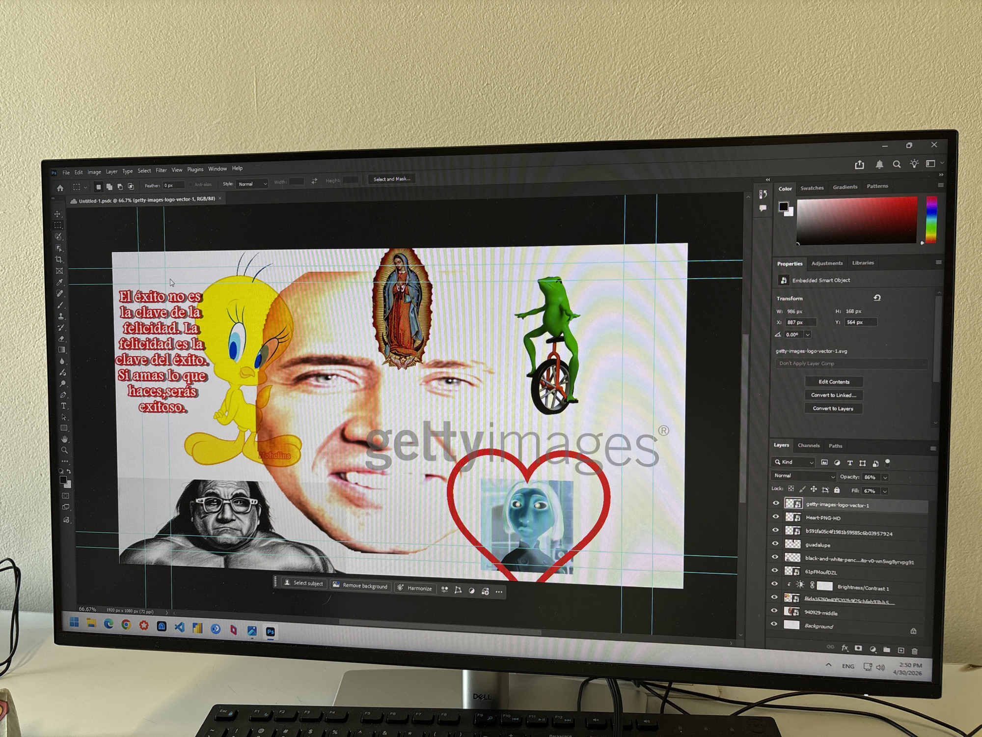 An eye-level shot captures a computer monitor displaying an Adobe Photoshop workspace, likely in an indoor setting in Mexico City, Mexico. The monitor presents a complex and humorous composite image being edited.
Central to the composite image is a large rendition of Nicolas Cage's face, partially obscured by a "gettyimages®" watermark. Surrounding his head are various disparate elements: Tweety Bird, the Virgin of Guadalupe, and Dat Boi (a frog riding a unicycle). Below Cage's face, an image of Danny DeVito is visible. To the right, inside a red heart outline, is a character resembling Sadness from Disney's *Inside Out*. A Spanish quote in red text reads: "El éxito no es la clave de la felicidad. La felicidad es la clave del éxito. Si amas lo que haces, serás exitoso." (Translation: "Success is not the key to happiness. Happiness is the key to success. If you love what you do, you will be successful.")
The Adobe Photoshop interface is clearly visible around the image. The top menu bar shows "File Edit Image Layer Type Select Filter View Plugins Window Help." On the right, panels for "Properties," "Adjustments," and "Libraries" are open, with the "Properties" panel displaying details for an "Embedded Smart Object" named "getty-images-logo-vector-1.svg." Below this, the "Layers" panel lists multiple components of the image, including "getty-images-logo-vector-1," "Heart-PNG-HD," "guadalupe," and "Background." A "DELLE" logo is present on the monitor stand. The computer's taskbar shows the time as 2:50 PM and the date as 4/30/2026. The scene captures a moment of digital image creation, blending iconic figures and a motivational quote.