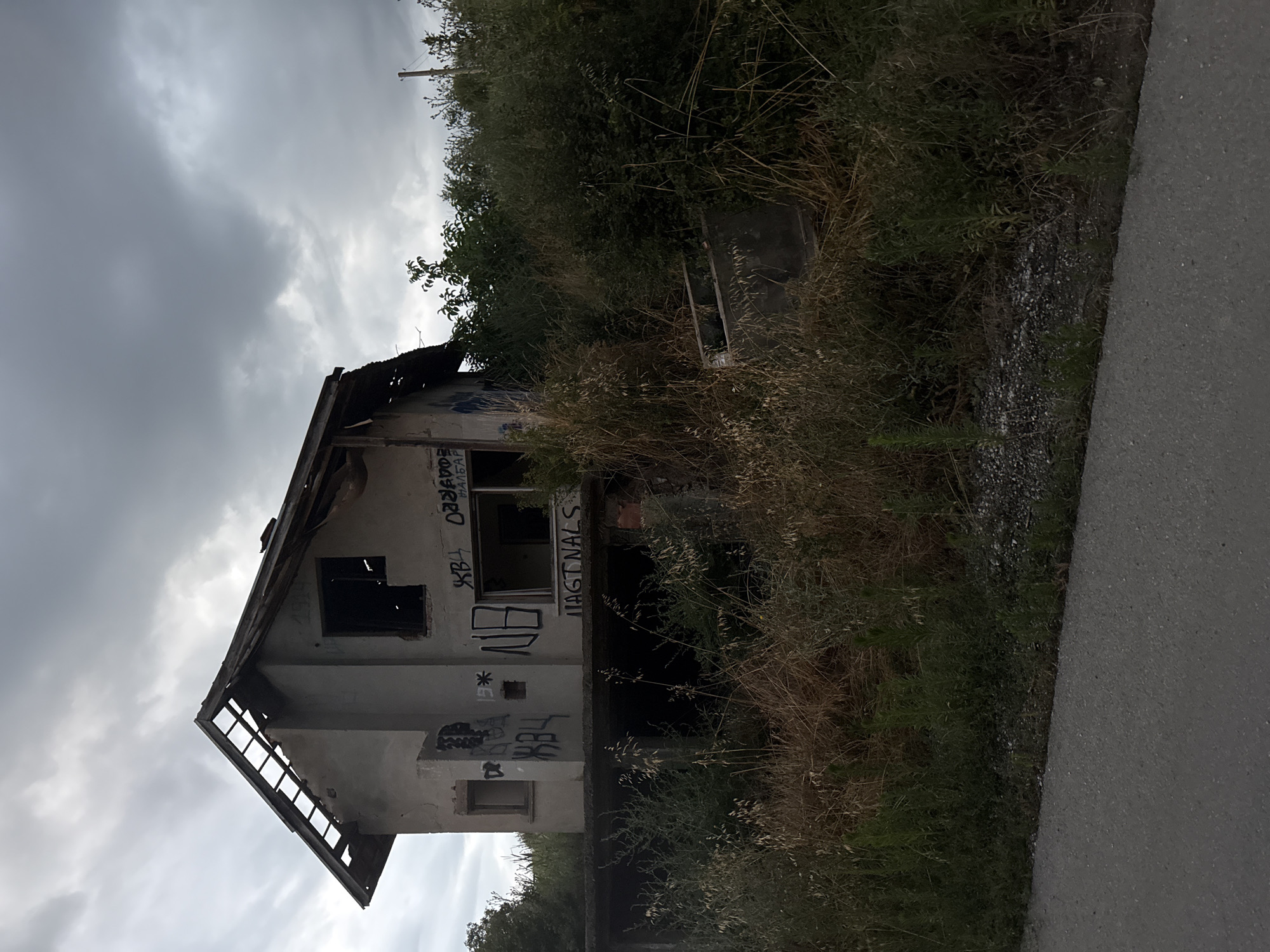 The image depicts an abandoned, two-story house with a partially collapsed roof, located on the outskirts of Radishevo, Bulgaria. The exterior walls are concrete and covered in graffiti. Several windows are open and appear broken, with one on the upper floor revealing a dark interior. The building is surrounded by overgrown vegetation, including tall grasses and bushes, suggesting a state of disrepair and neglect. A paved road runs along the bottom of the frame, separating the viewer from the dilapidated structure. The sky is overcast with dark, heavy clouds, contributing to a somber atmosphere. There are no people or animals visible in the scene. The overall impression is one of abandonment and decay.