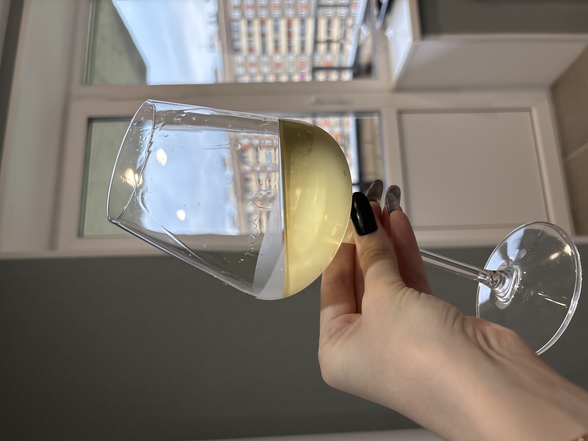 A hand with long, dark, manicured nails holds a partially filled wine glass in front of a window. The window reflects a building across the street. The wine glass is angled, revealing a clear liquid on the left and a light yellow liquid on the right. The background consists of the window frame, a wall, and part of a tiled surface. The location is Unknown, Russia.