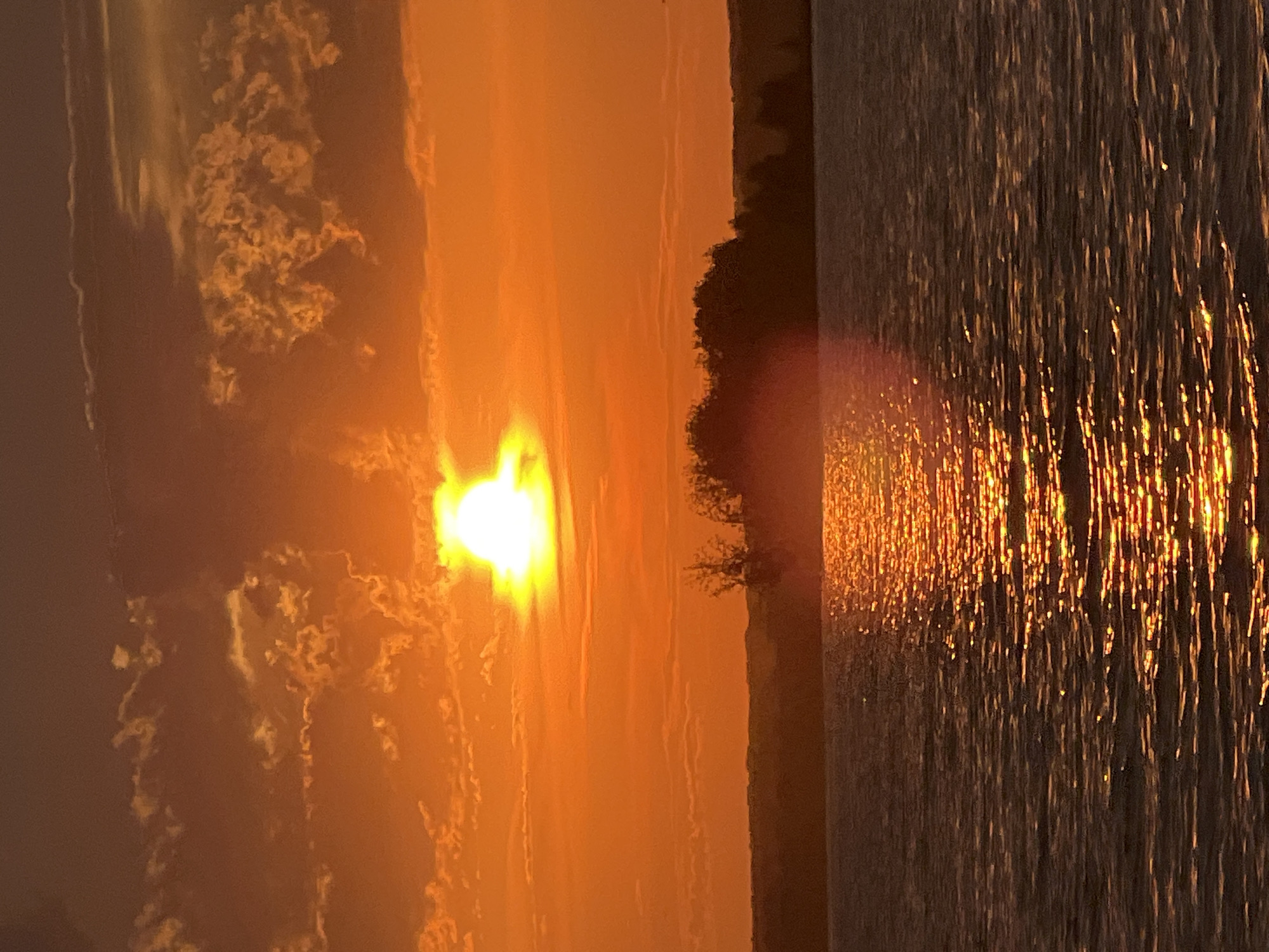 The image depicts a vibrant sunset over a body of water. The sun, a bright, glowing orb, is positioned in the upper center of the frame, casting a warm, orange and yellow light across the sky. Wispy clouds are scattered across the sky, catching the sunlight and appearing in shades of orange and white. The horizon is marked by a dark silhouette of trees and a gently sloping landscape, suggesting a natural, undeveloped area. The foreground is dominated by the water, which reflects the brilliant colors of the sunset, creating a shimmering path of light across its surface. The overall impression is one of tranquility and natural beauty. There are no people or specific landmarks visible that would indicate the location within Beregovoe, Russia.